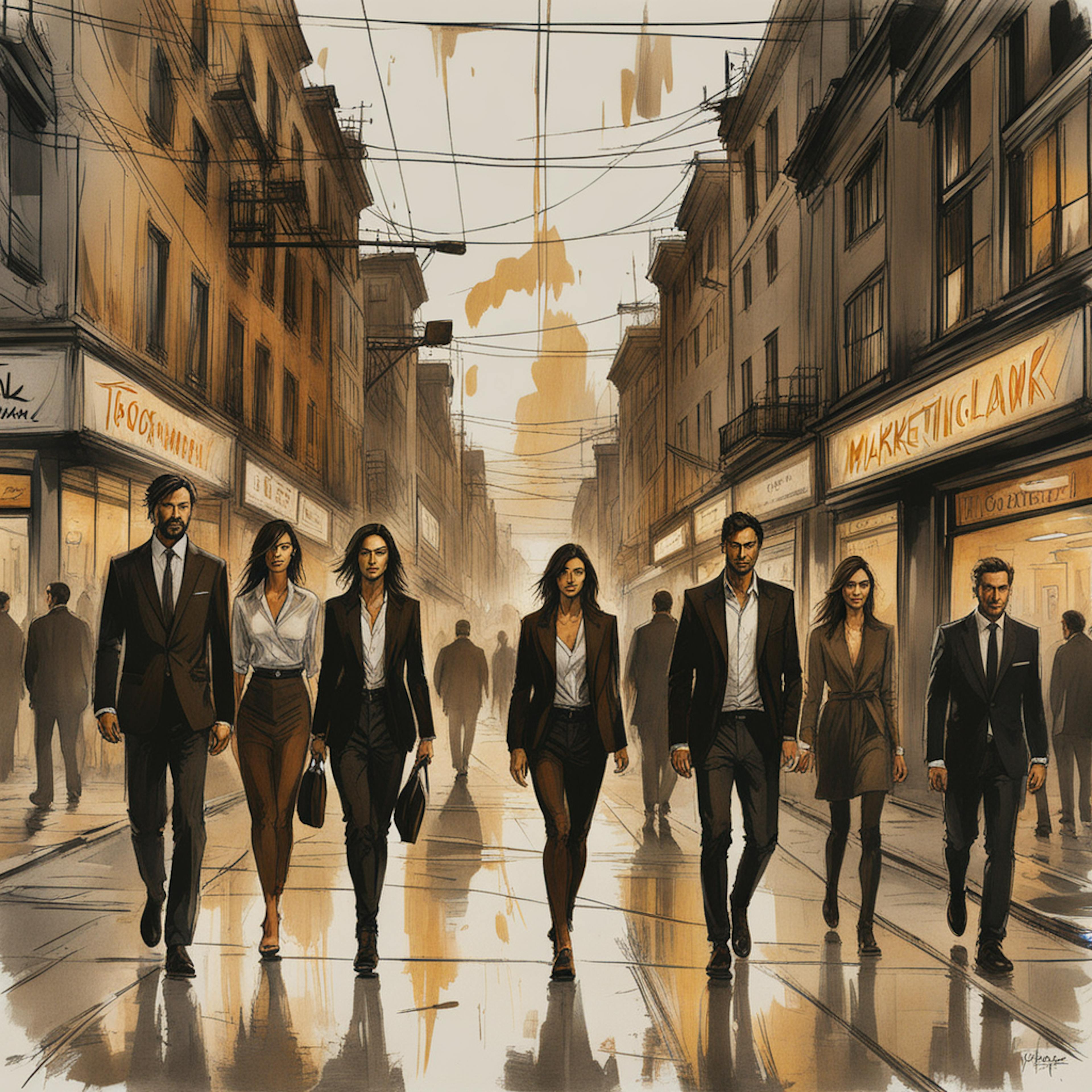 A group of confident professionals walking down an urban street, symbolizing a marketing strategy framework focused on teamwork, leadership, and goal-oriented execution in a competitive environment.