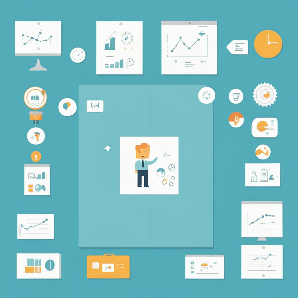 A layout of charts, graphs, and statistical icons on a blue background, symbolizing marketing metrics used to measure campaign performance across various platforms, including customer engagement and ROI.