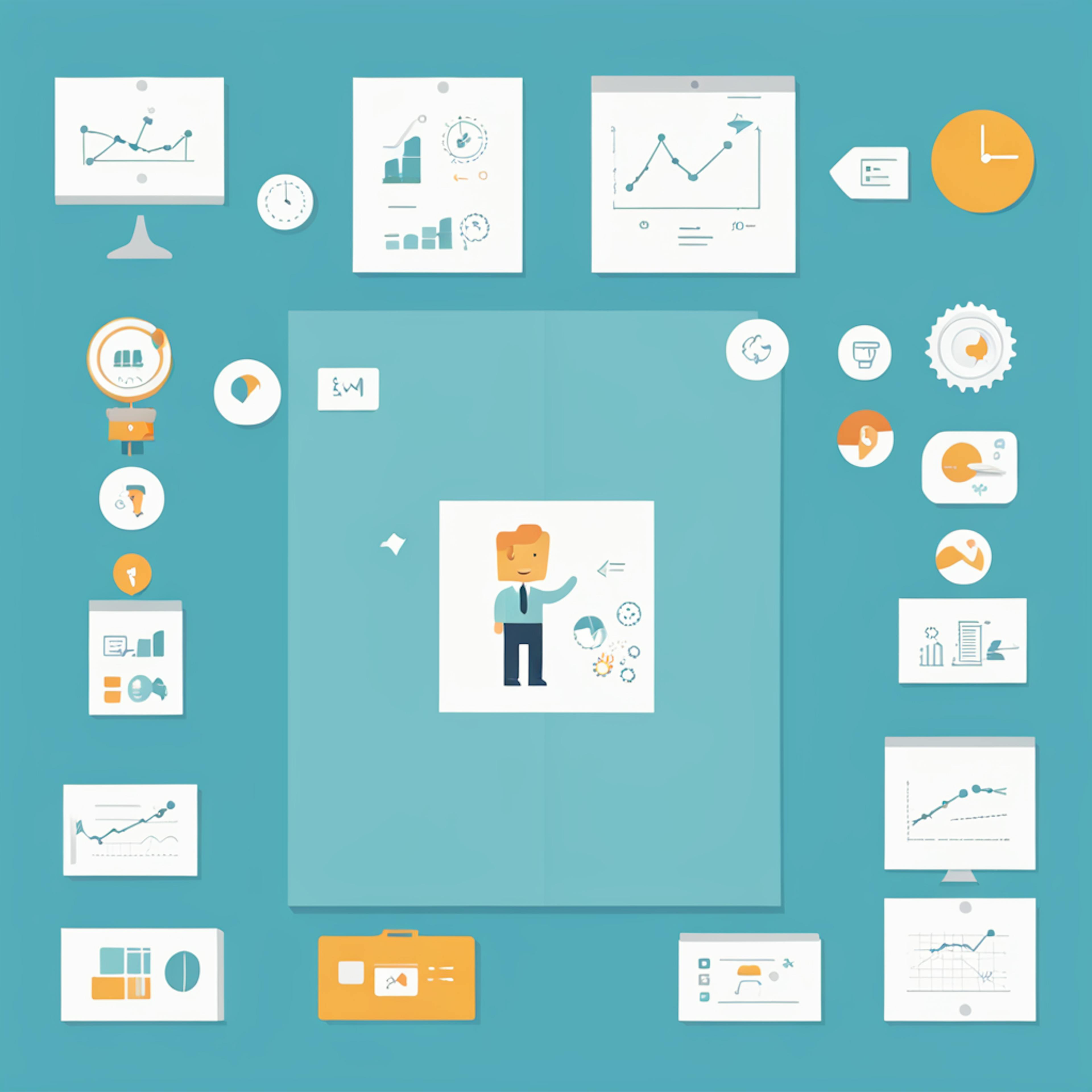 A layout of charts, graphs, and statistical icons on a blue background, symbolizing marketing metrics used to measure campaign performance across various platforms, including customer engagement and ROI.