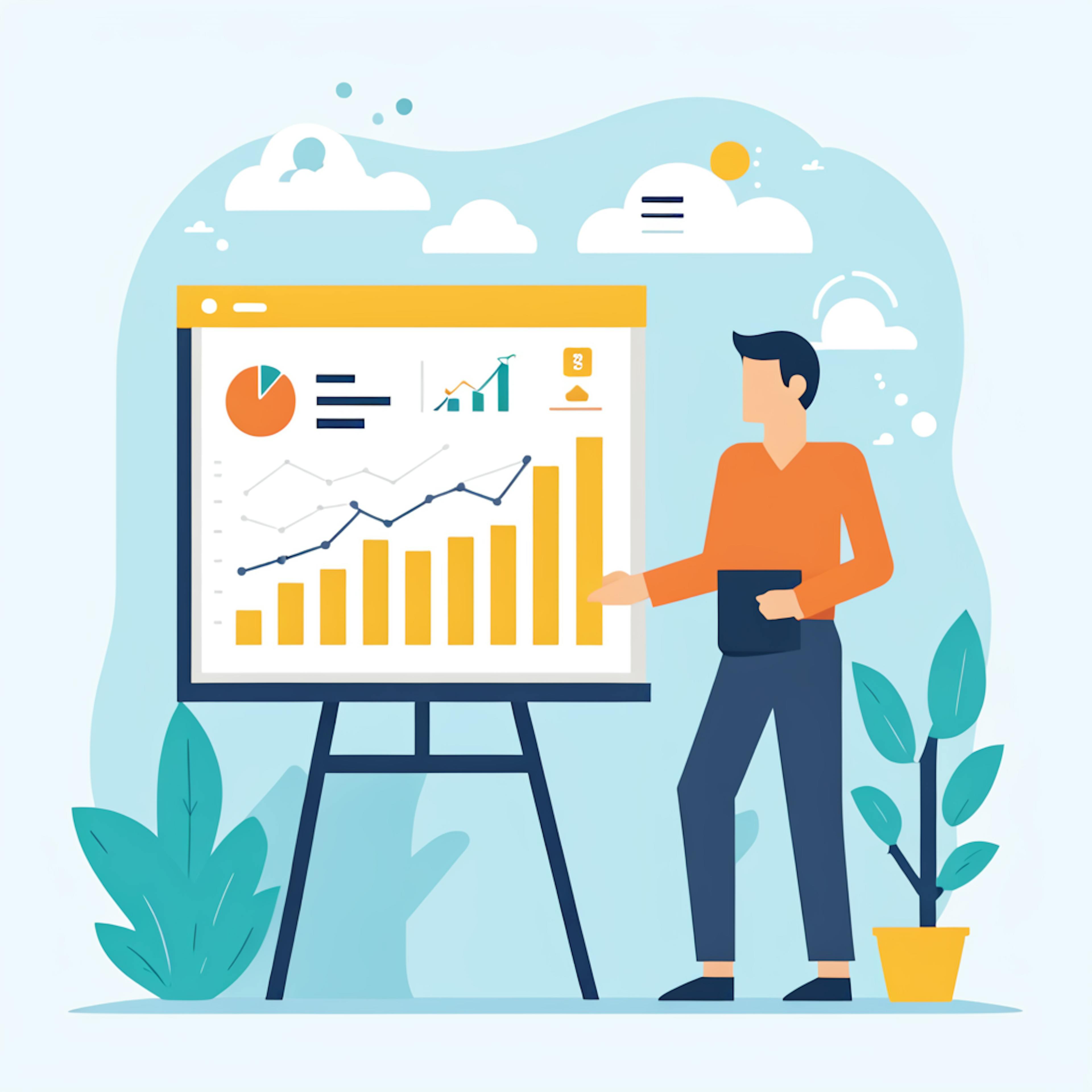 A person presenting a chart with bar graphs and line graphs on an easel, illustrating marketing metrics that track growth trends, audience behavior, and conversion rates over time.