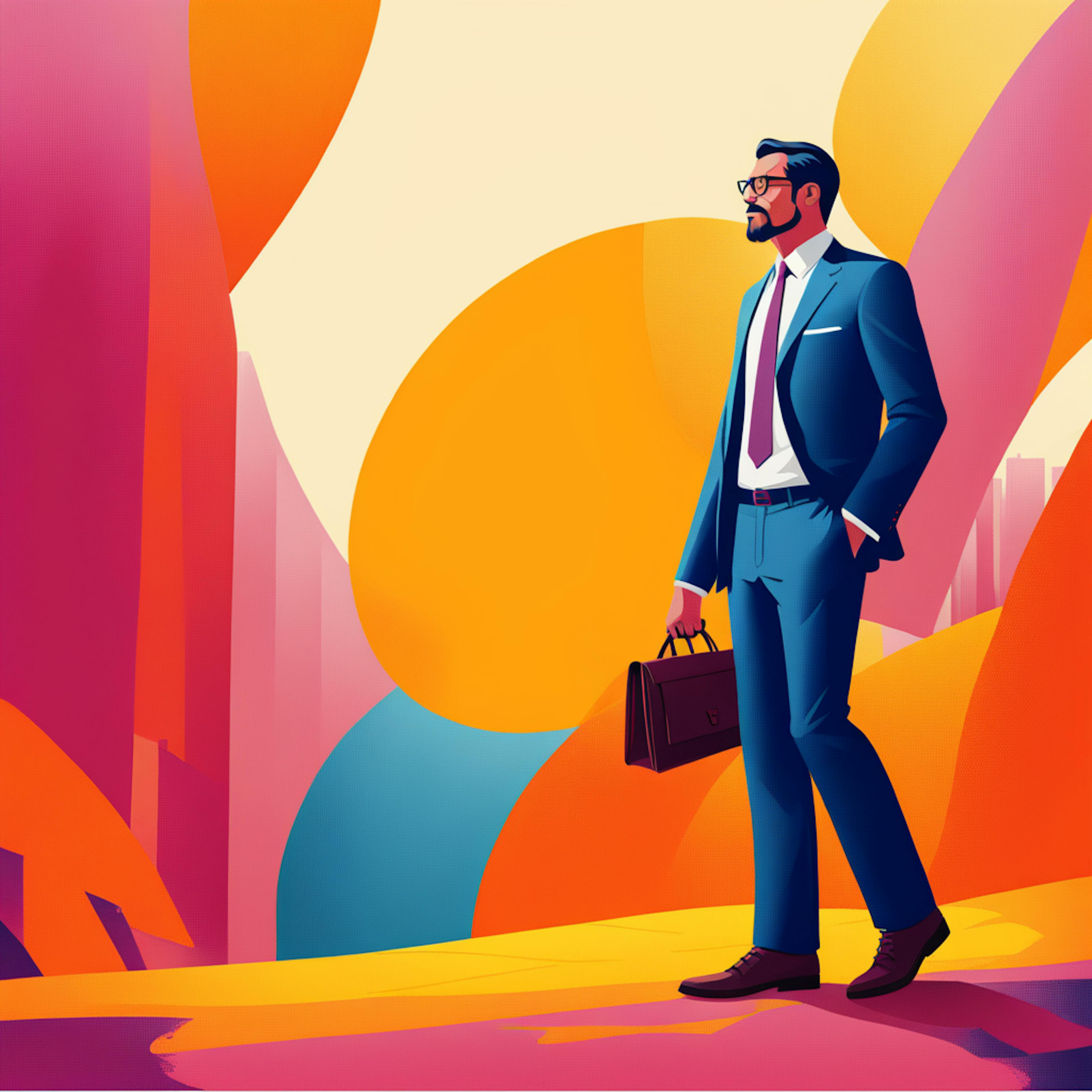 A sharply dressed professional carrying a briefcase and standing against a vibrant, abstract background, symbolizing marketing management and strategy through personal branding and visionary leadership.