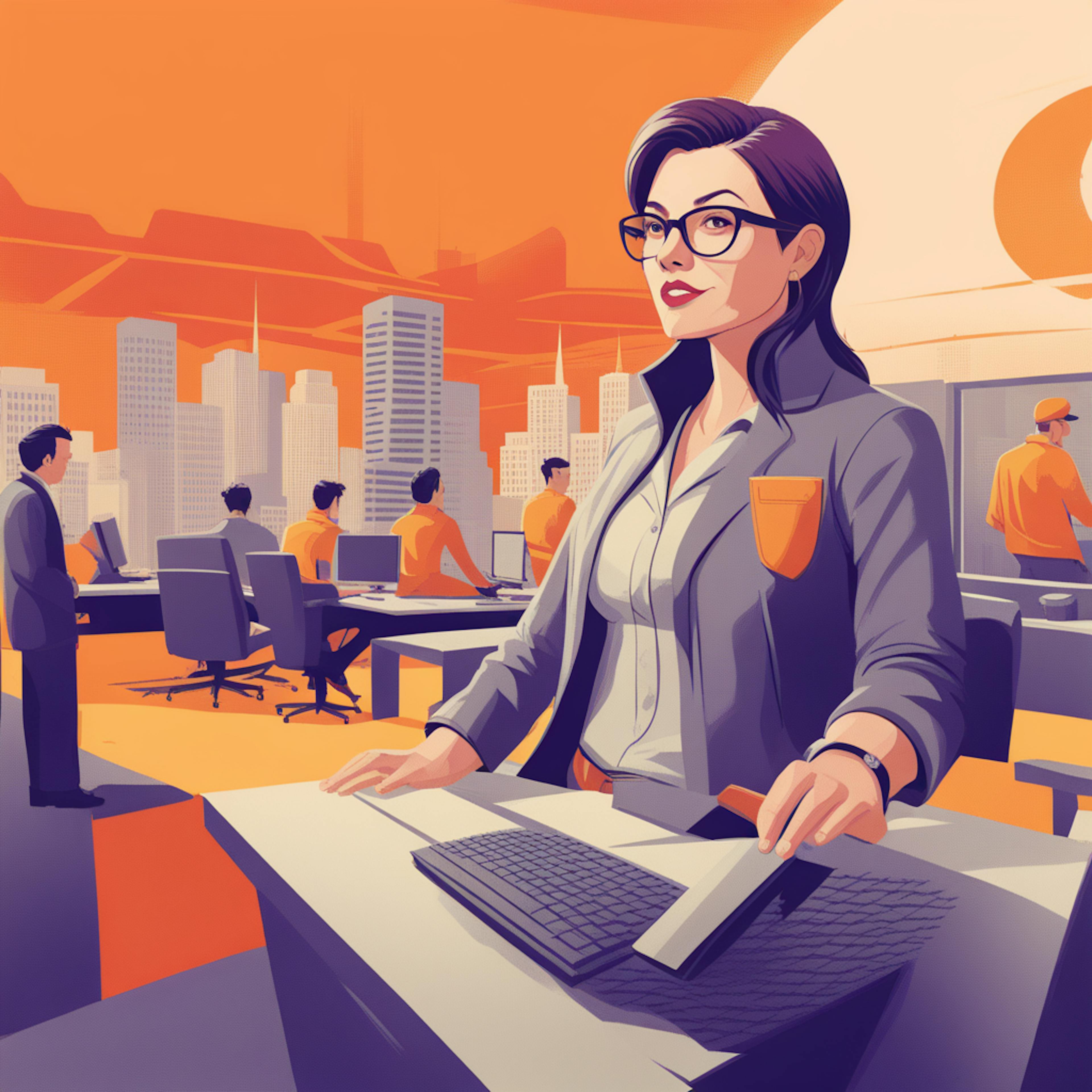 A confident businesswoman standing in a corporate office with a bustling team and cityscape in the background, illustrating marketing management and strategy focused on team leadership, operational efficiency, and urban market expansion.