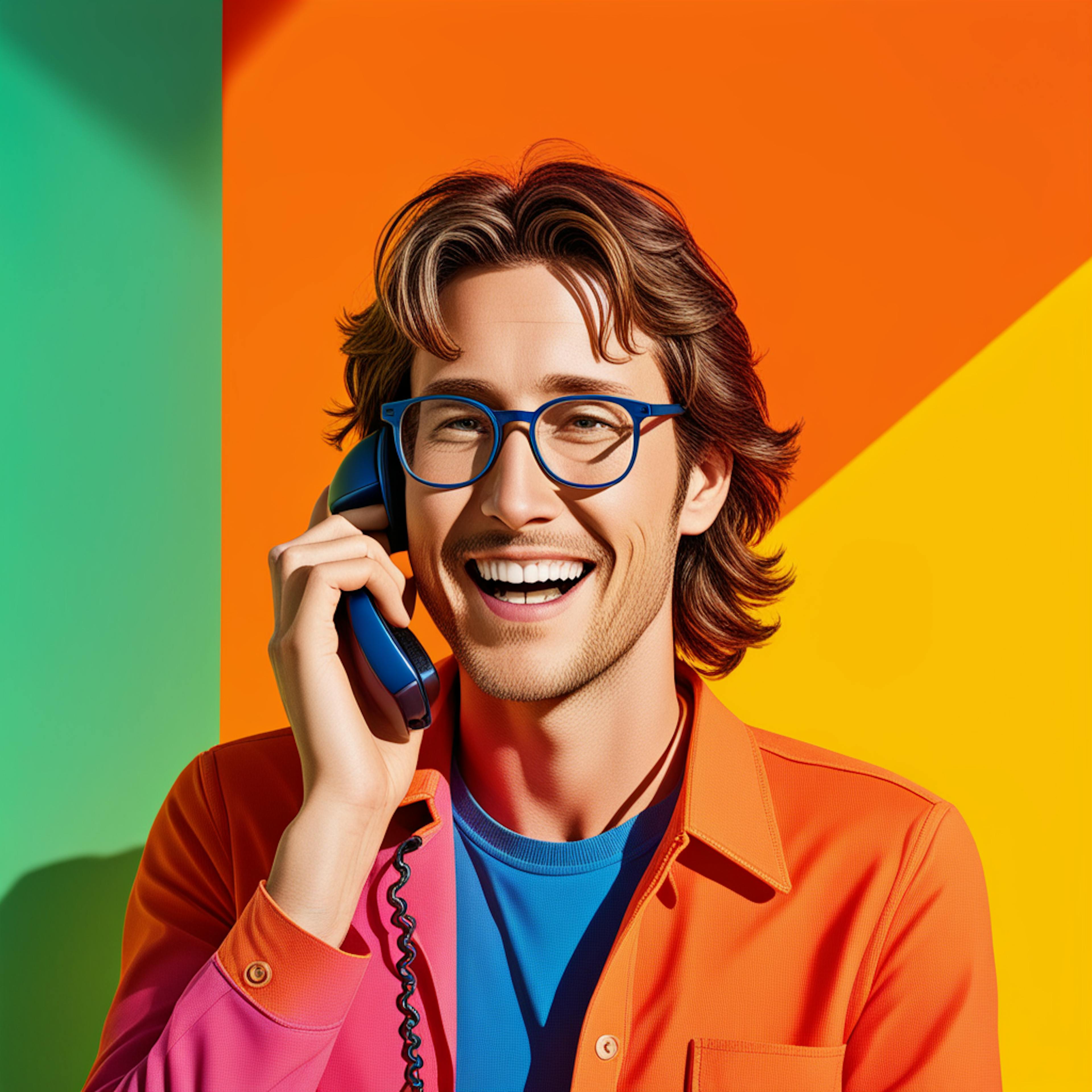 A lively portrait of a smiling man wearing glasses, enthusiastically talking on a phone against a gradient of bold, colorful tones, symbolizing communication pathways in marketing attribution models.