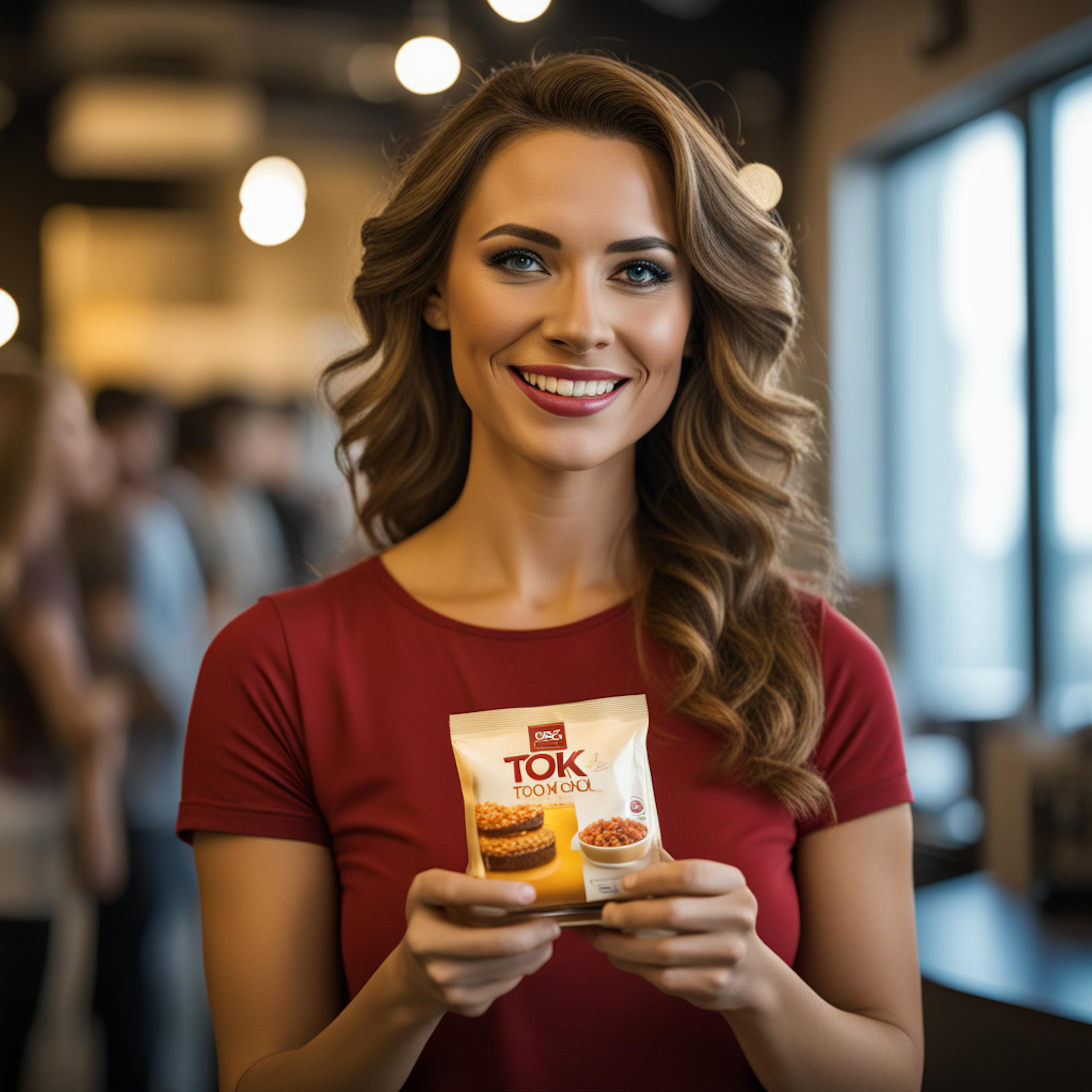 A smiling woman holding a packaged snack product in a busy retail setting, highlighting strategies in marketing a product by showcasing the item's appeal in a lifestyle environment.