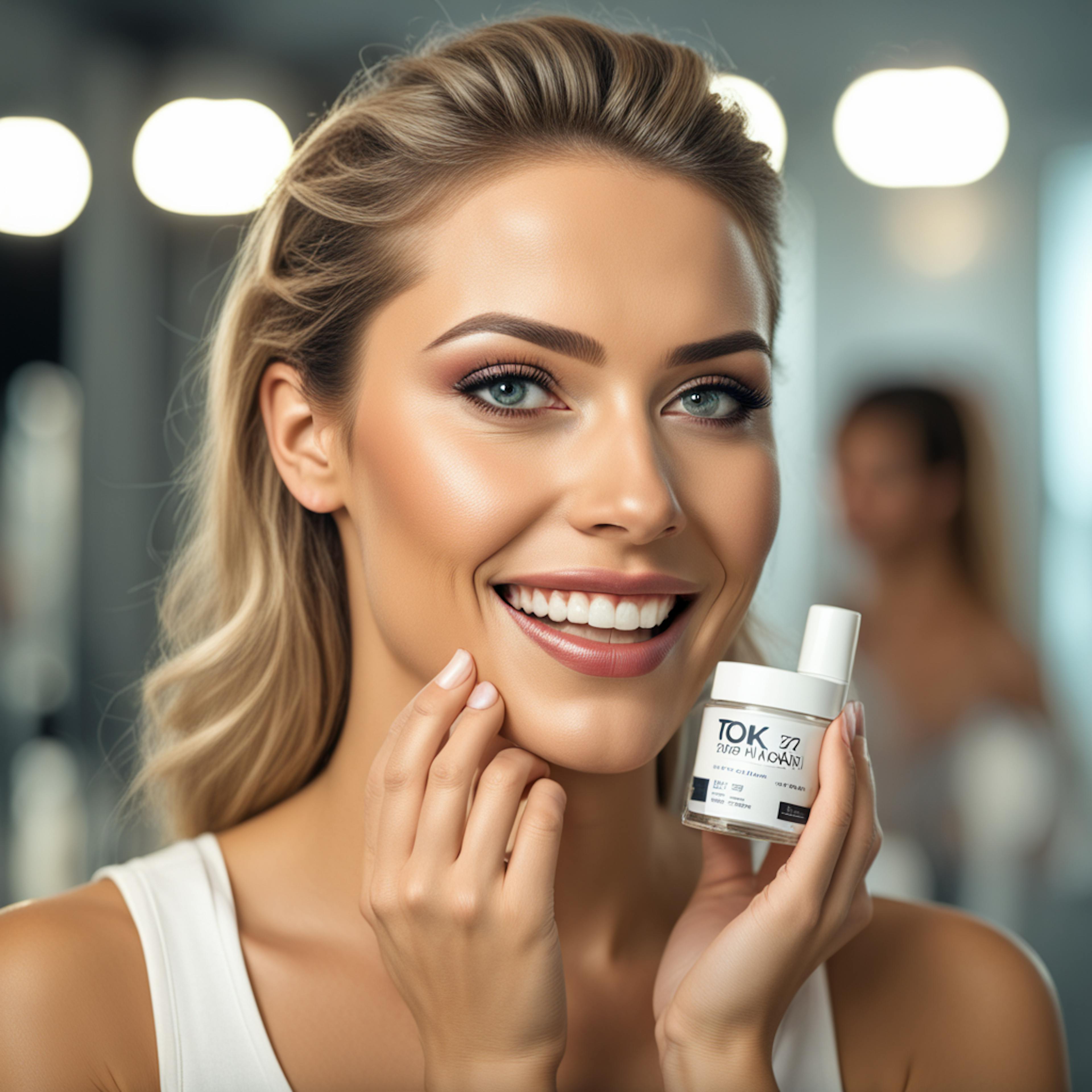 A close-up of a woman smiling while holding a skincare product, emphasizing strategies in marketing a product by connecting emotional engagement and consumer trust.