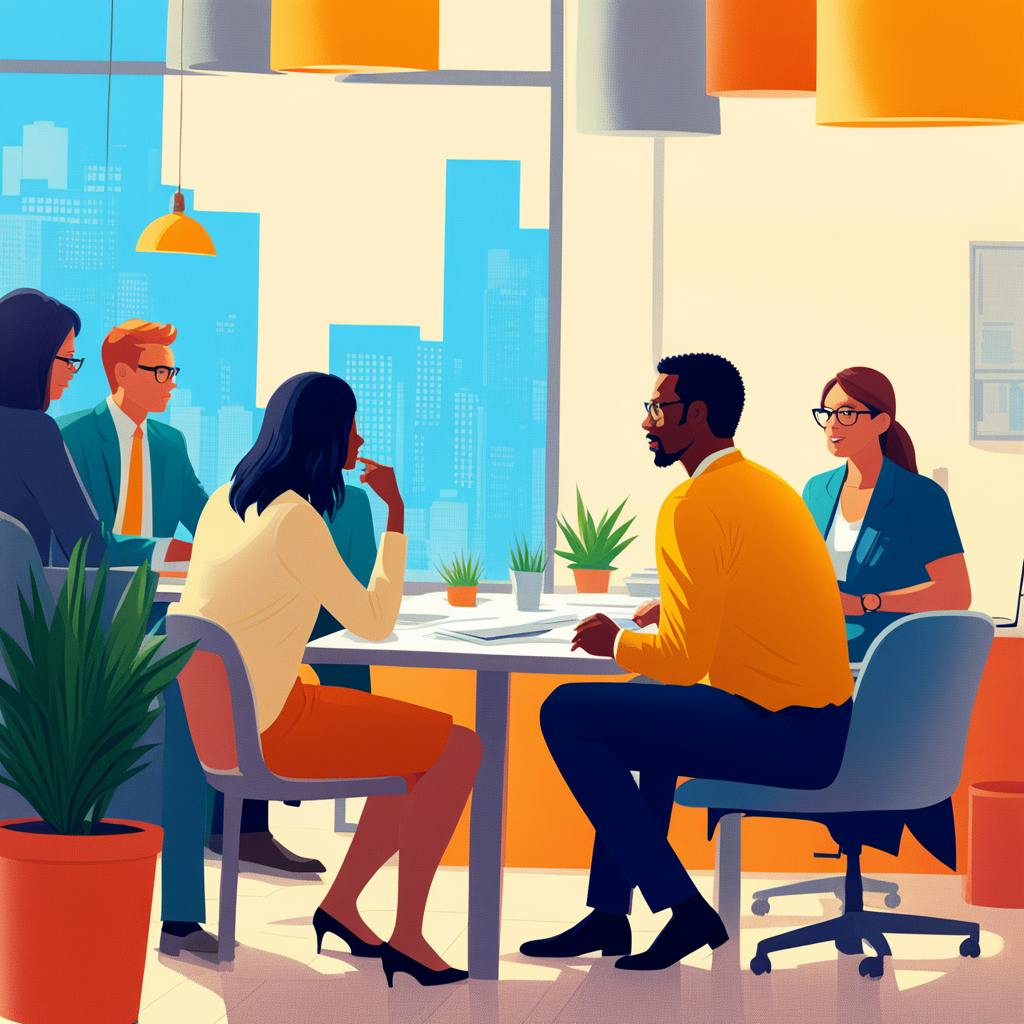 A small group of professionals engaging in a focused discussion around a table with city views and greenery, highlighting strategies in marketing a product via personalized consultations and innovative ideation.