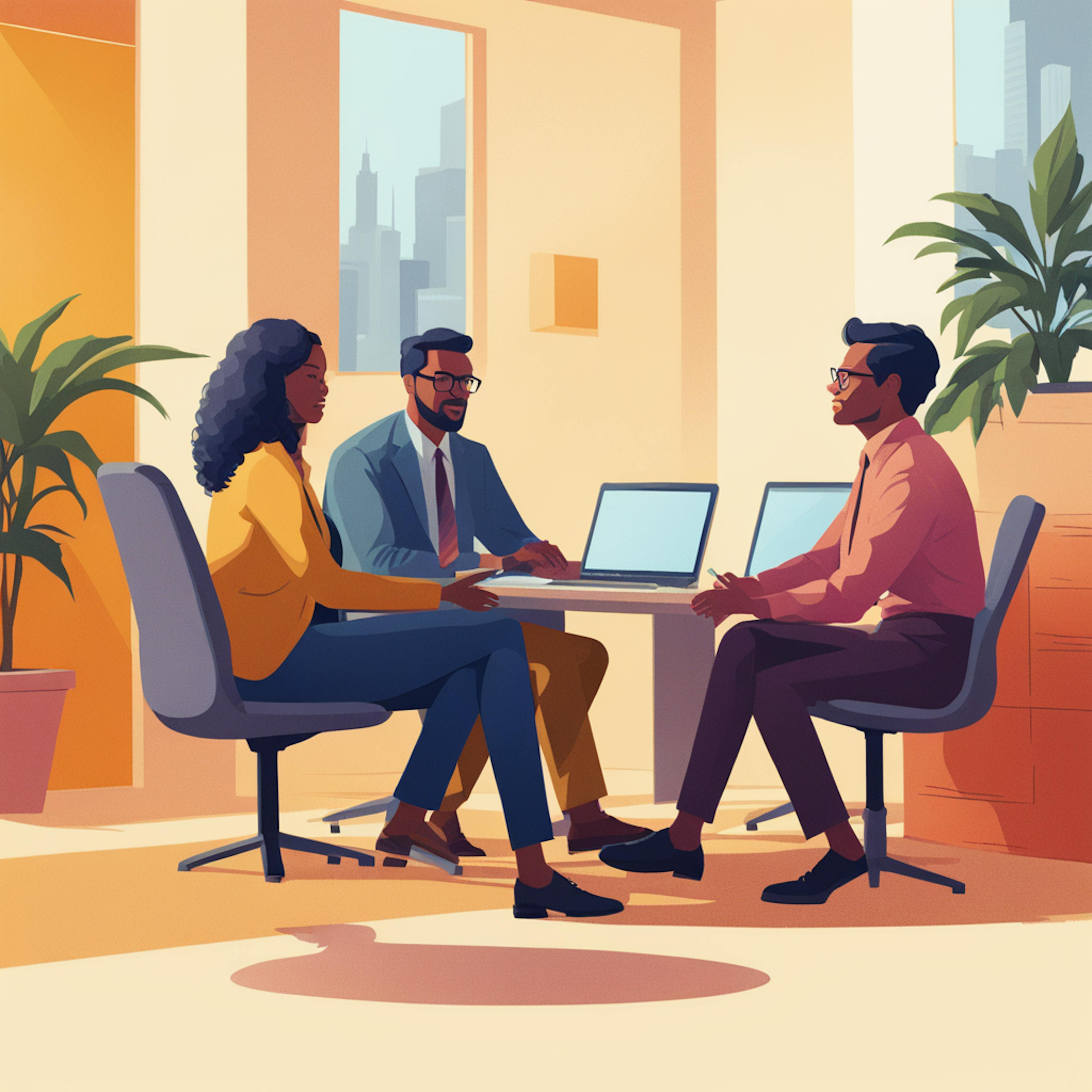 A close-knit meeting between three professionals in a bright, modern office, emphasizing strategies in marketing a product by fostering clear communication and strategic planning in a small team.