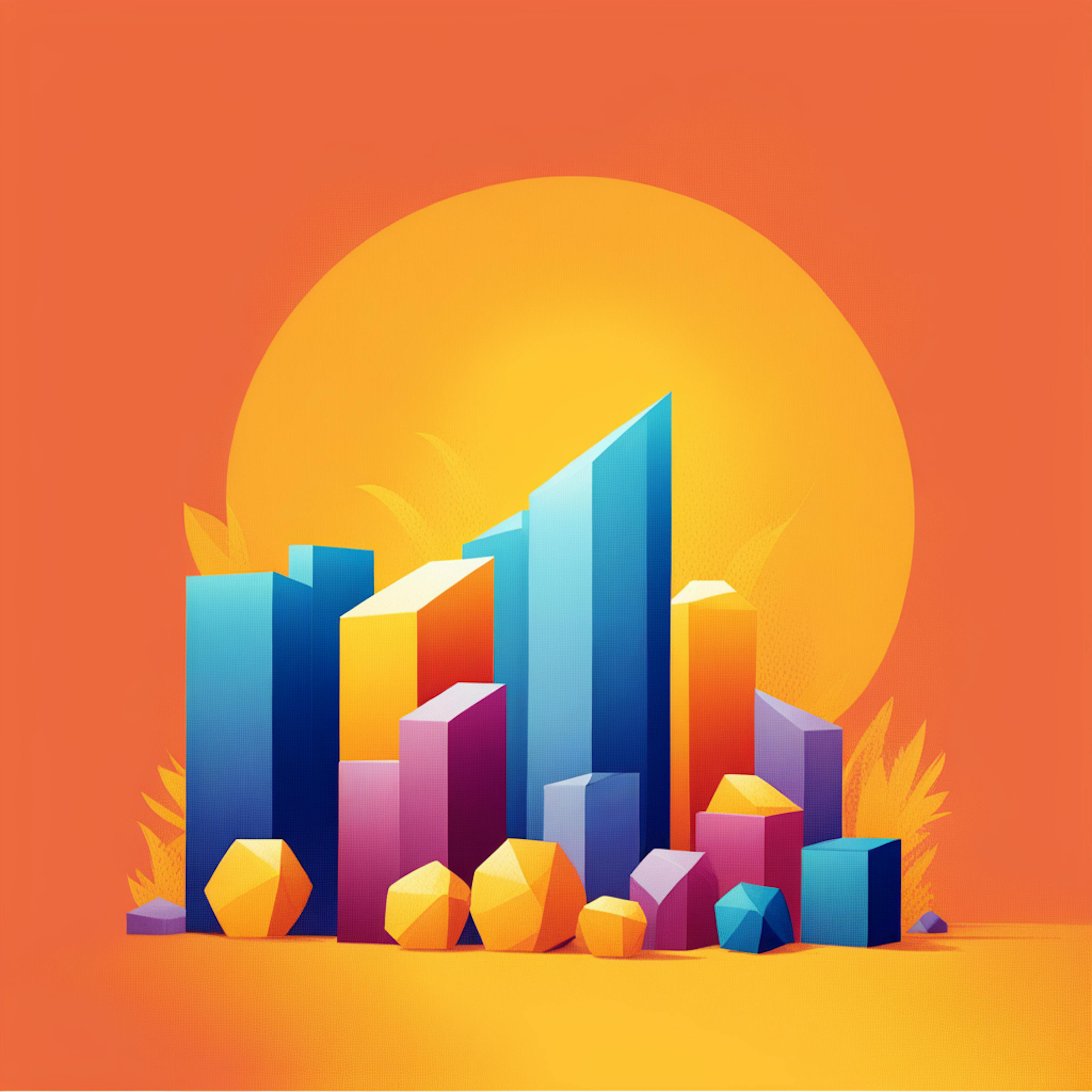 A vibrant and abstract depiction of skyscrapers and geometric shapes with a glowing sun, highlighting cross-channel marketing through the integration of bold visual branding across platforms.