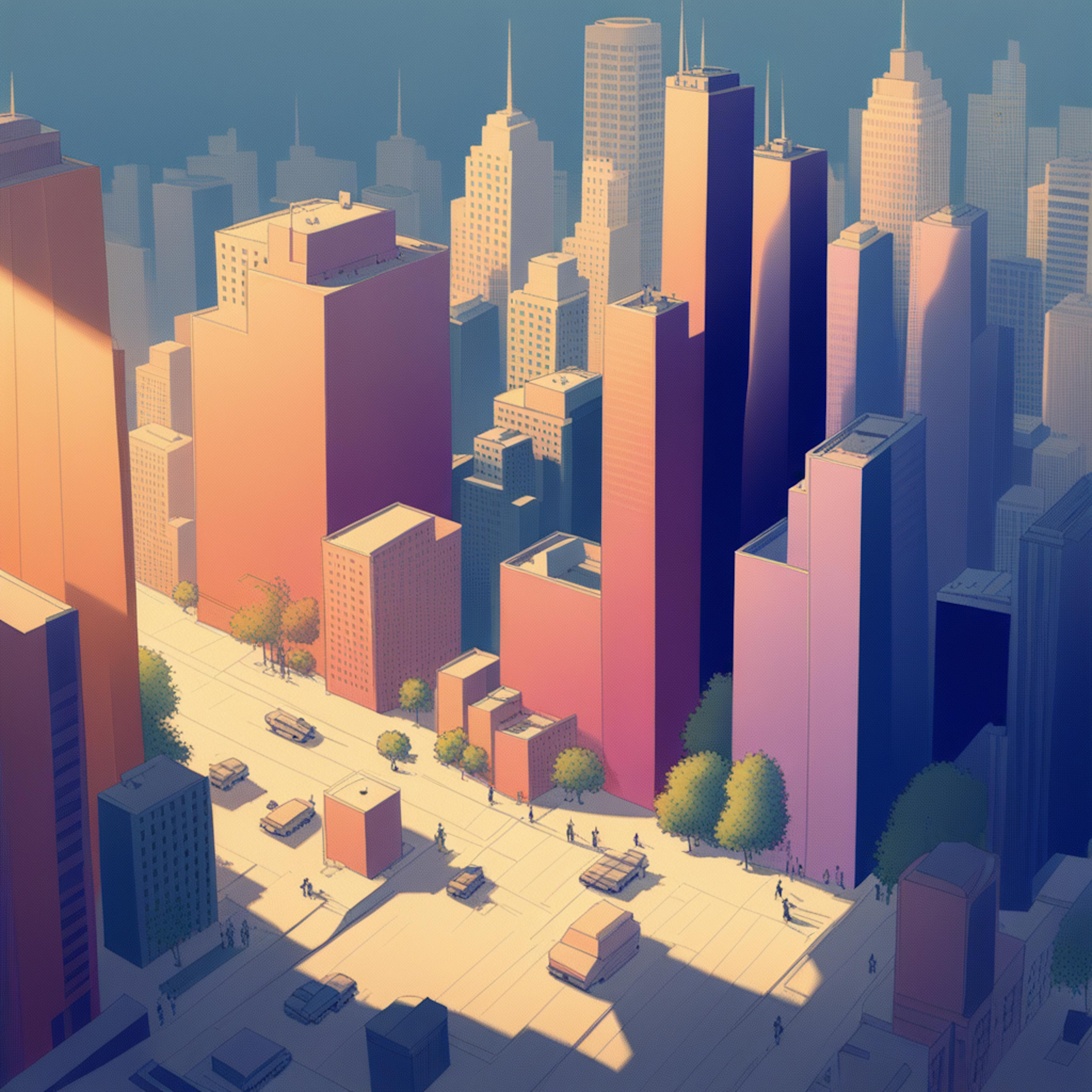 A cityscape view with sunlight casting shadows between tall buildings, symbolizing cross-channel marketing by representing diverse touchpoints and interconnected pathways in a bustling urban setting.