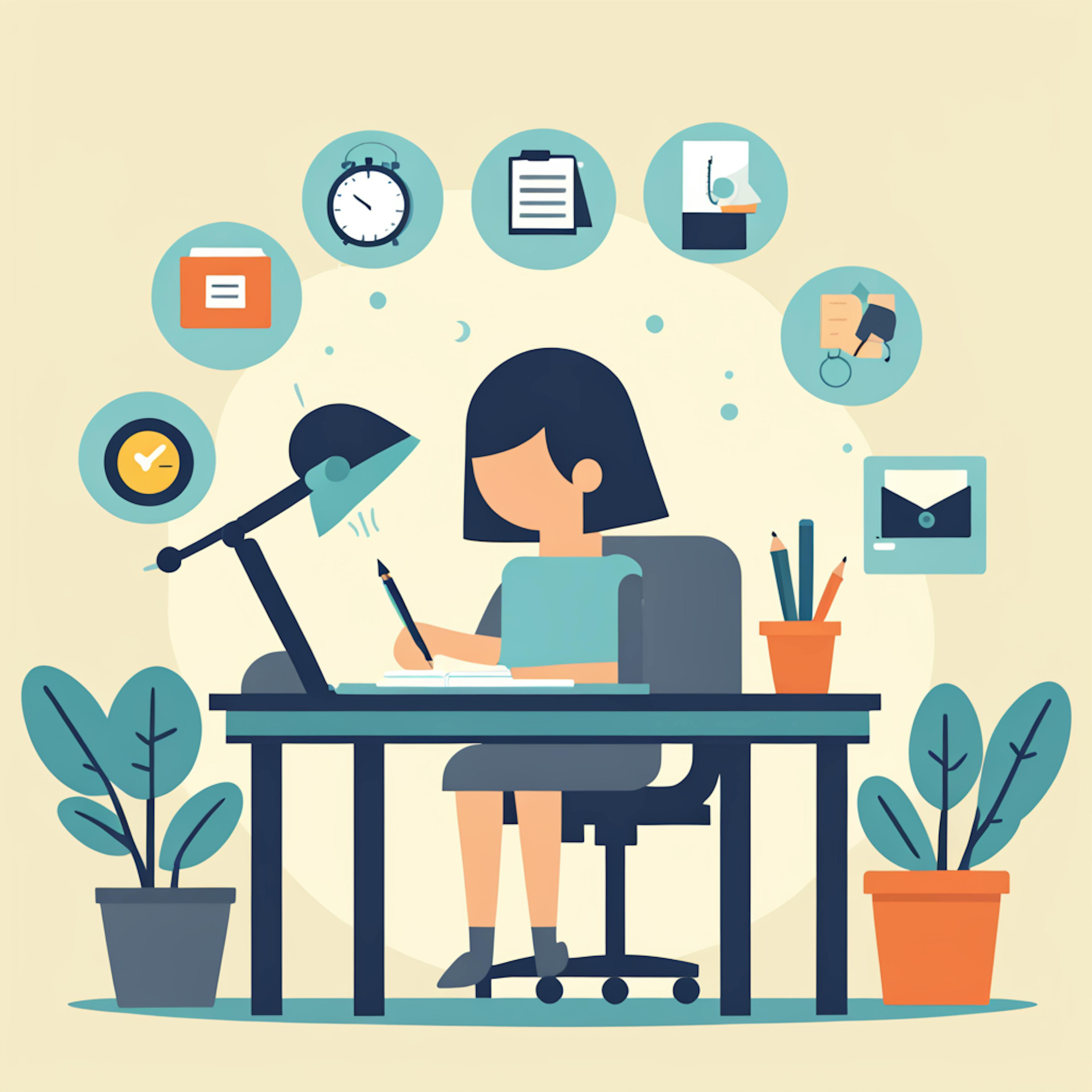 A creative individual writing at a desk with icons representing time management, editing, and communication, symbolizing the capabilities of an AI writing editor in optimizing content creation workflows.