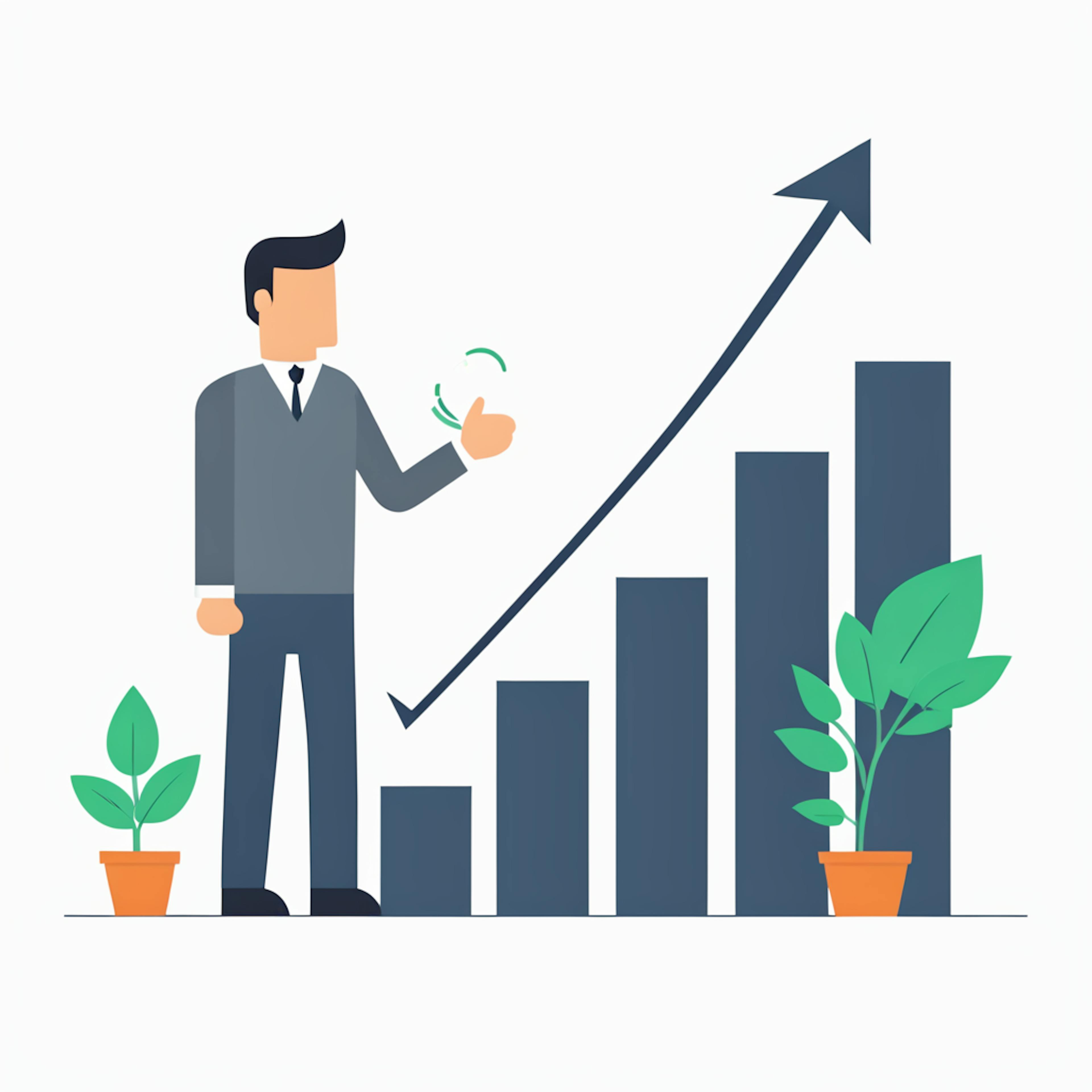 A business professional giving a thumbs-up next to a bar chart with an upward arrow, representing types of company growth through incremental progress, financial gains, and strategic milestones.