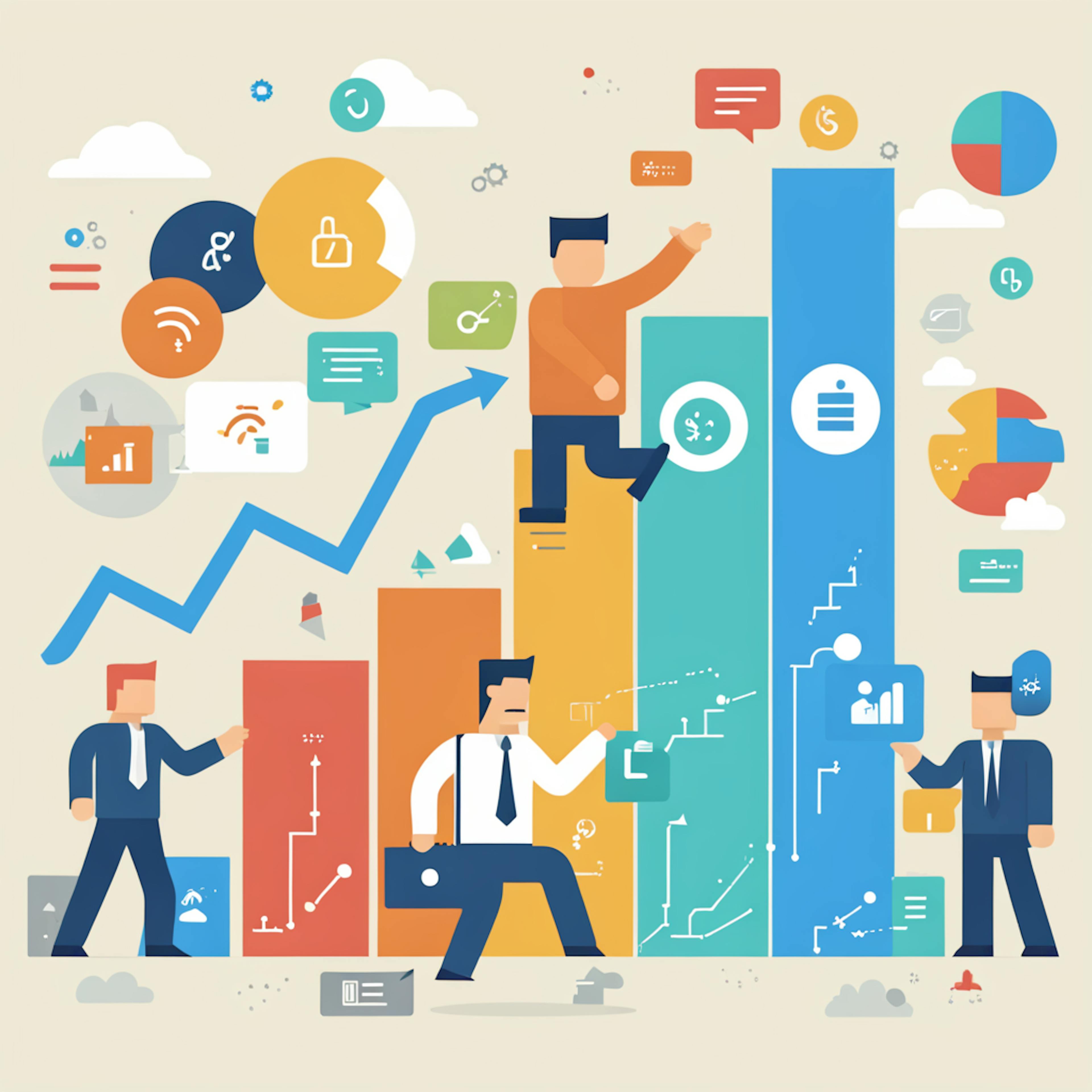 Multiple professionals interacting with bar graphs and icons, showcasing types of company growth, including operational expansion, digital transformation, and collaborative team efforts.