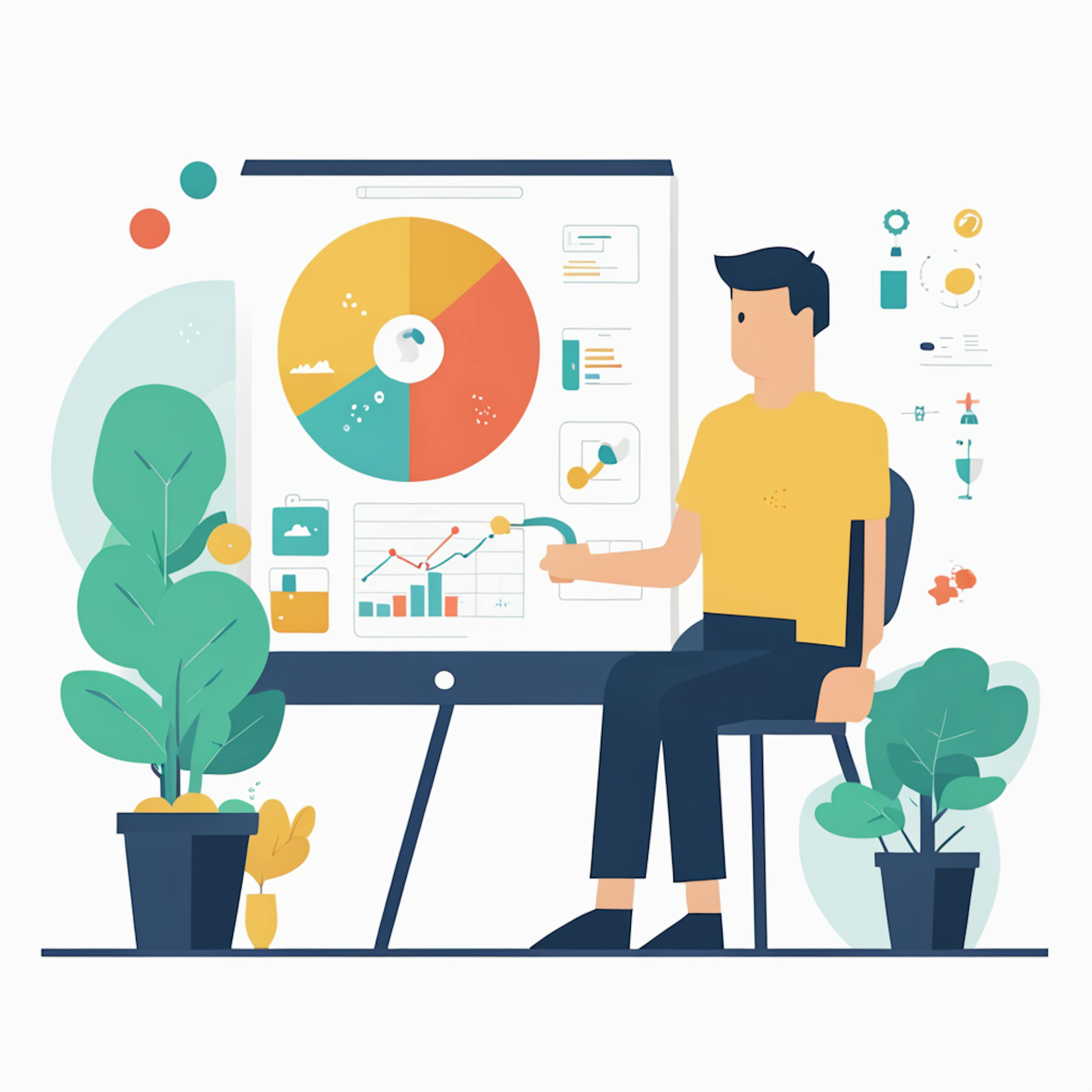 A person presenting a pie chart and growth graphs on a board, illustrating types of company growth through data analysis, market segmentation, and visual performance tracking.