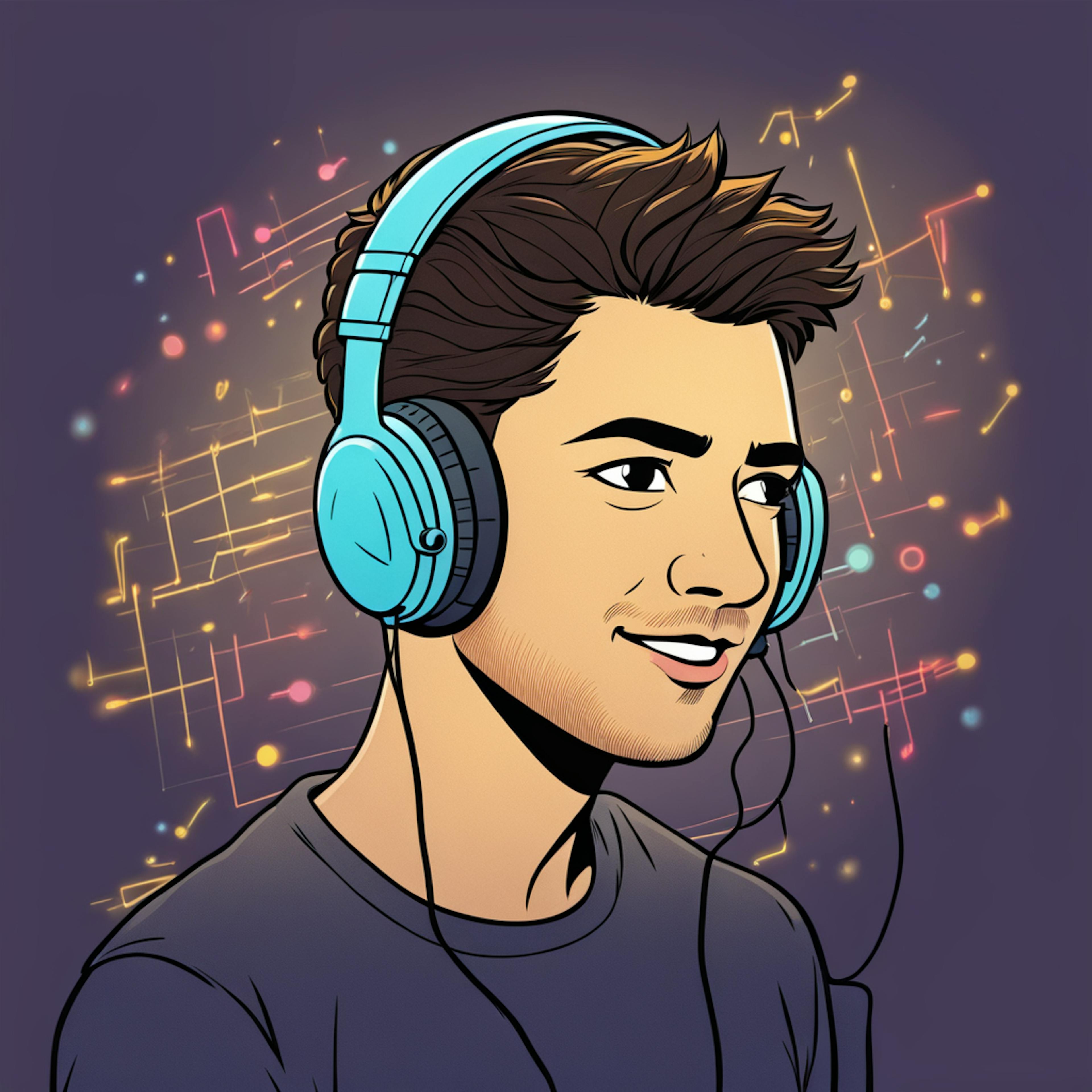 An illustration of a man wearing headphones with vibrant music notes and soundwaves in the background, representing a podcast marketing strategy focused on engaging audio content and creative branding.