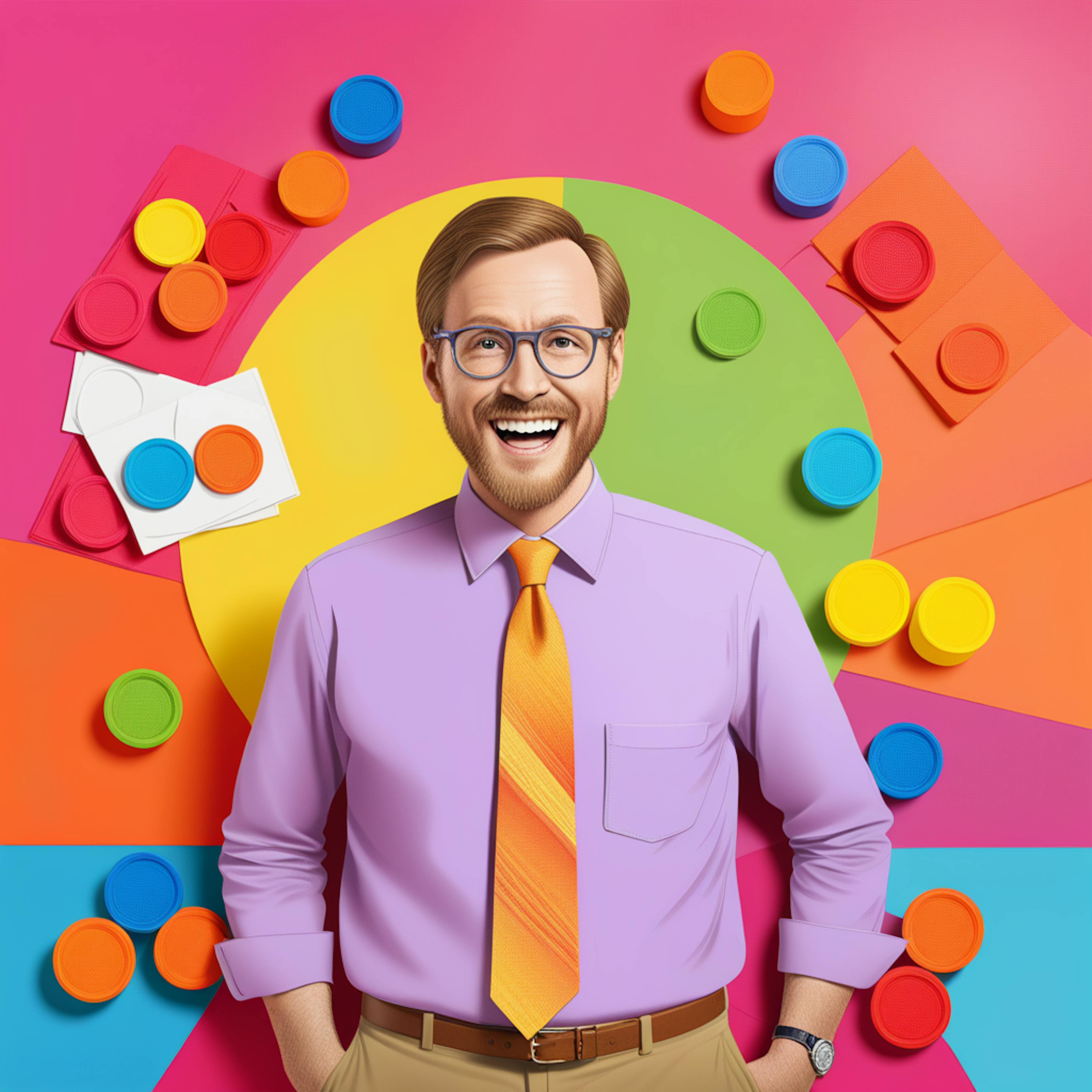 A vibrant and colorful image of a cheerful man standing in front of a visually striking background with various marketing elements and graphs, representing concepts related to marketing attribution models.