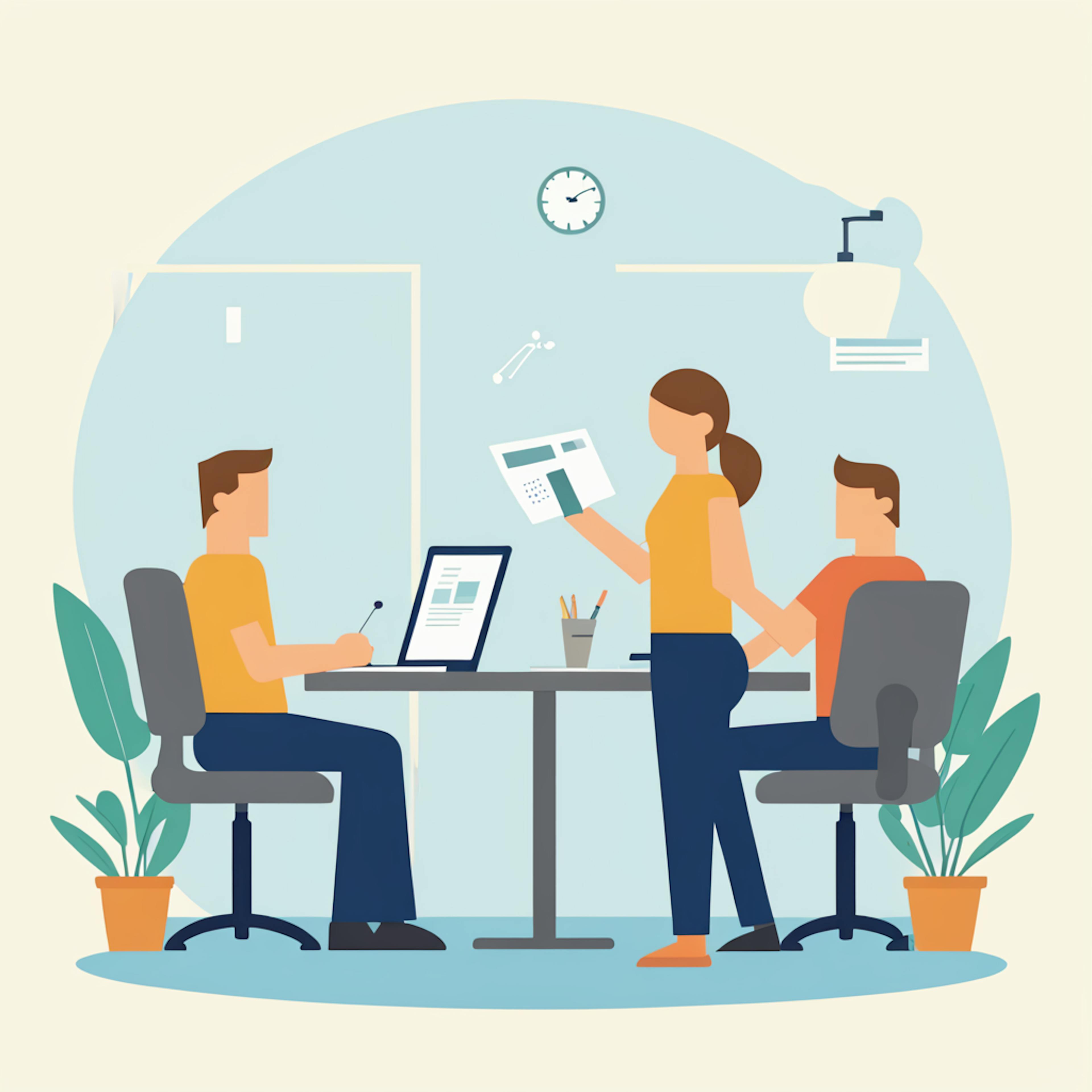 An illustration of a team collaborating around a desk in a modern office setting, symbolizing strategic discussions and analysis. Plants and office decor enhance the professional yet inviting atmosphere. Keywords: Business Strategy with Marketing Analytics Software.