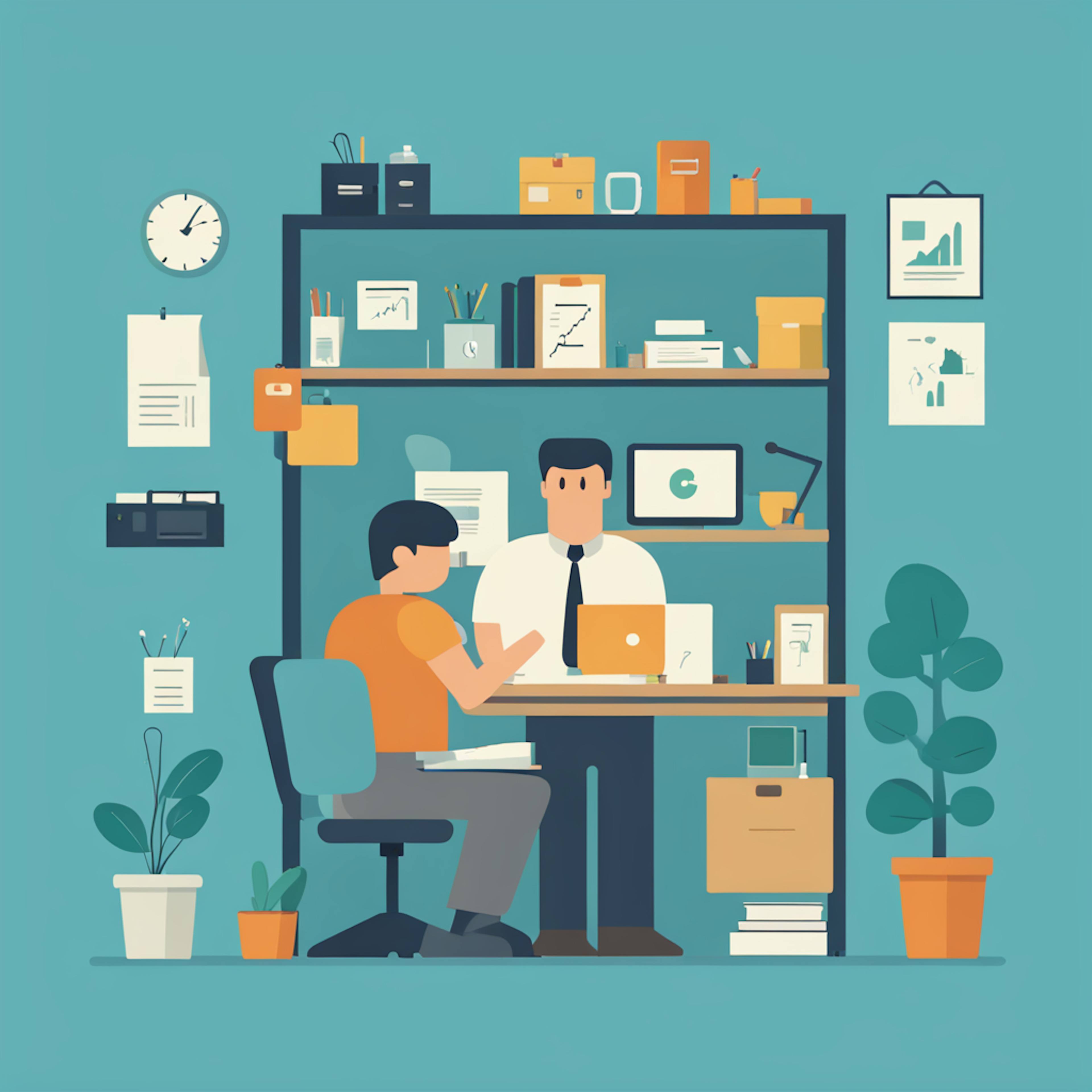 A vibrant depiction of a focused workspace with two professionals engaging in a strategic discussion. The background features shelves with analytics tools and charts, emphasizing data-driven marketing insights. Keywords: Business Strategy with Marketing Analytics Software.