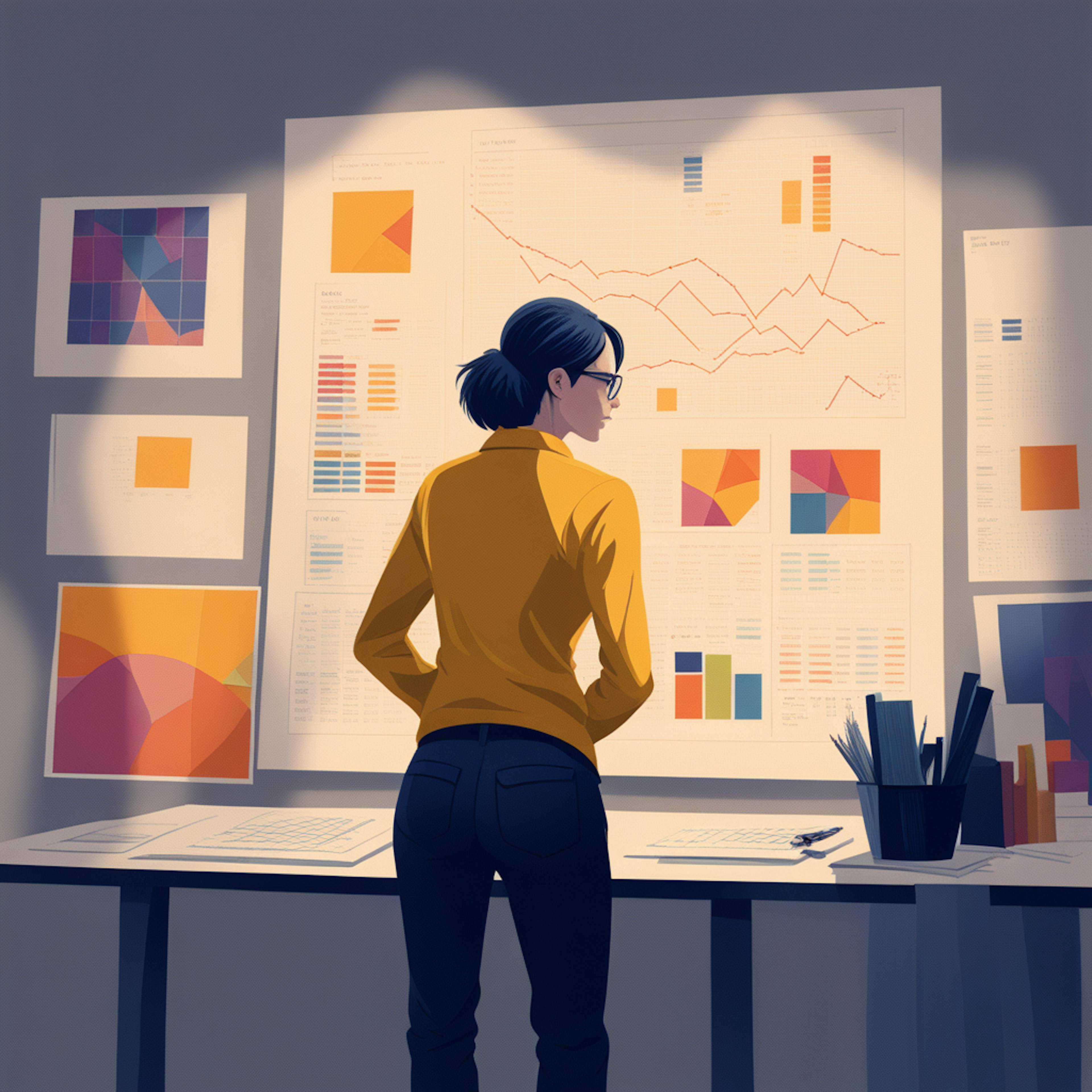 A focused individual examines colorful charts and graphs on a wall, reflecting the precision and insight required for an effective data-driven marketing strategy to optimize decision-making.