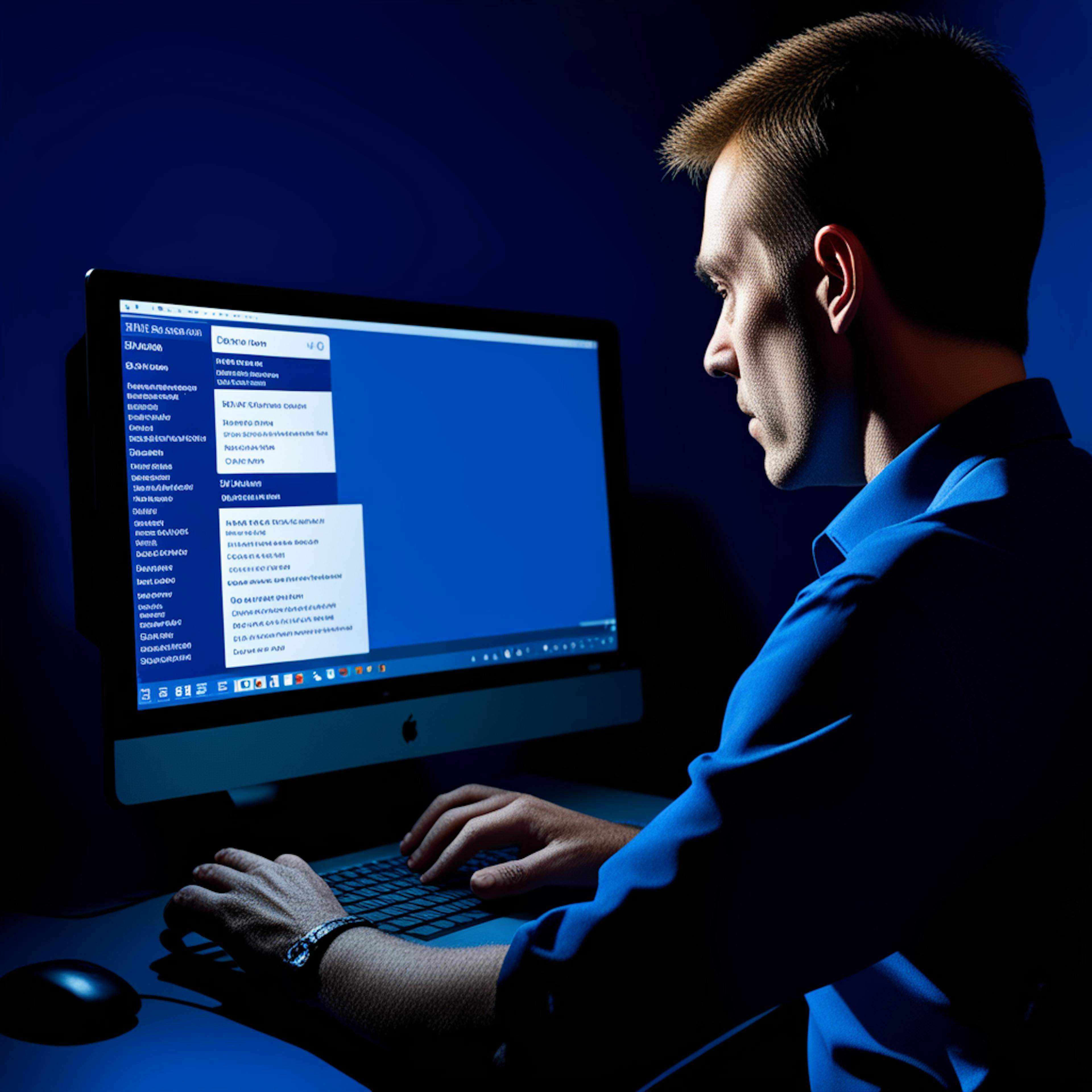 A focused professional analyzing data on a computer screen in a dimly lit room, highlighting their dedication to understanding insights from cross-channel marketing analytics.