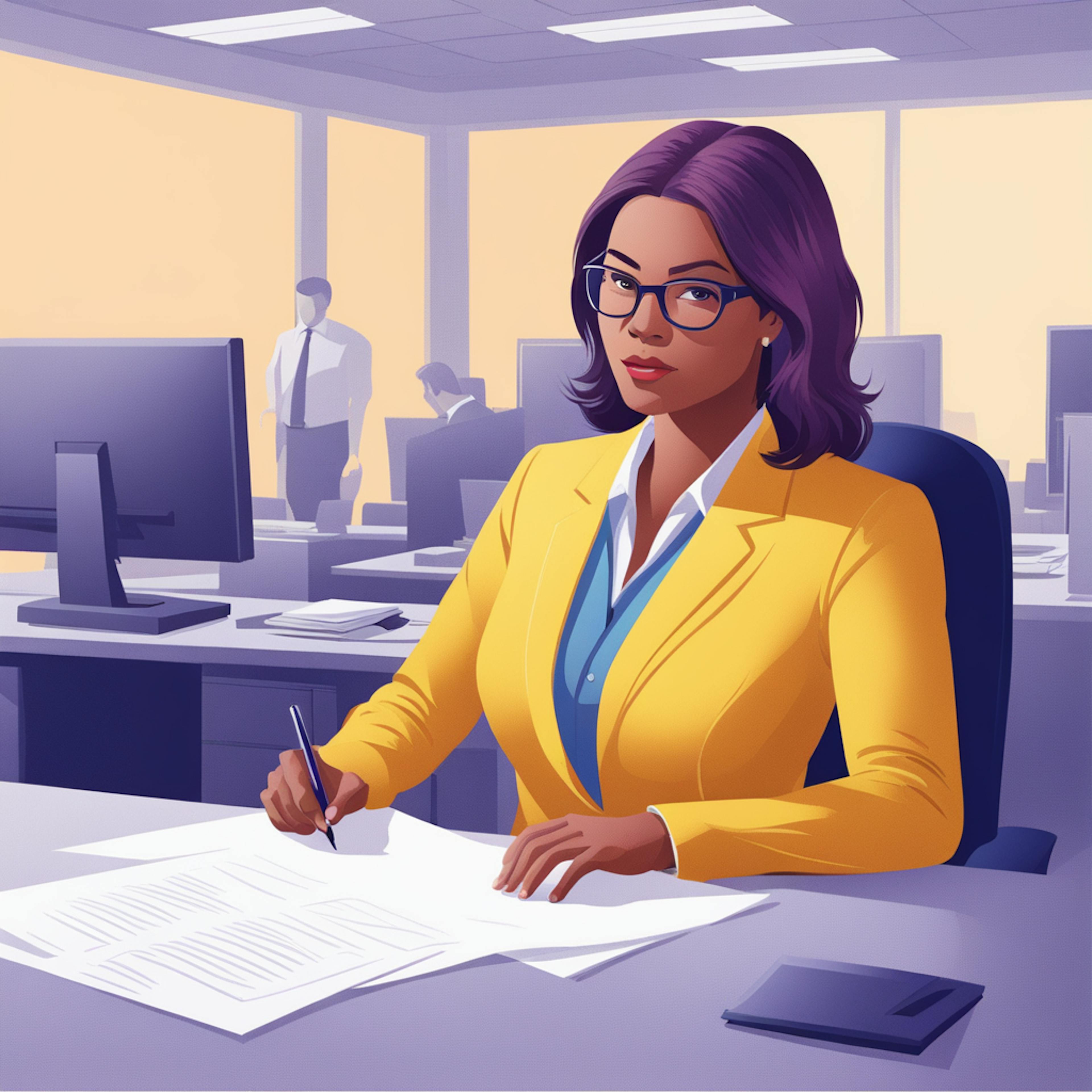 A confident businesswoman reviewing documents in a busy office setting. Alt text: "A businesswoman in a professional office reviewing reports, highlighting the role of website traffic analysis tools in strategic decision-making."