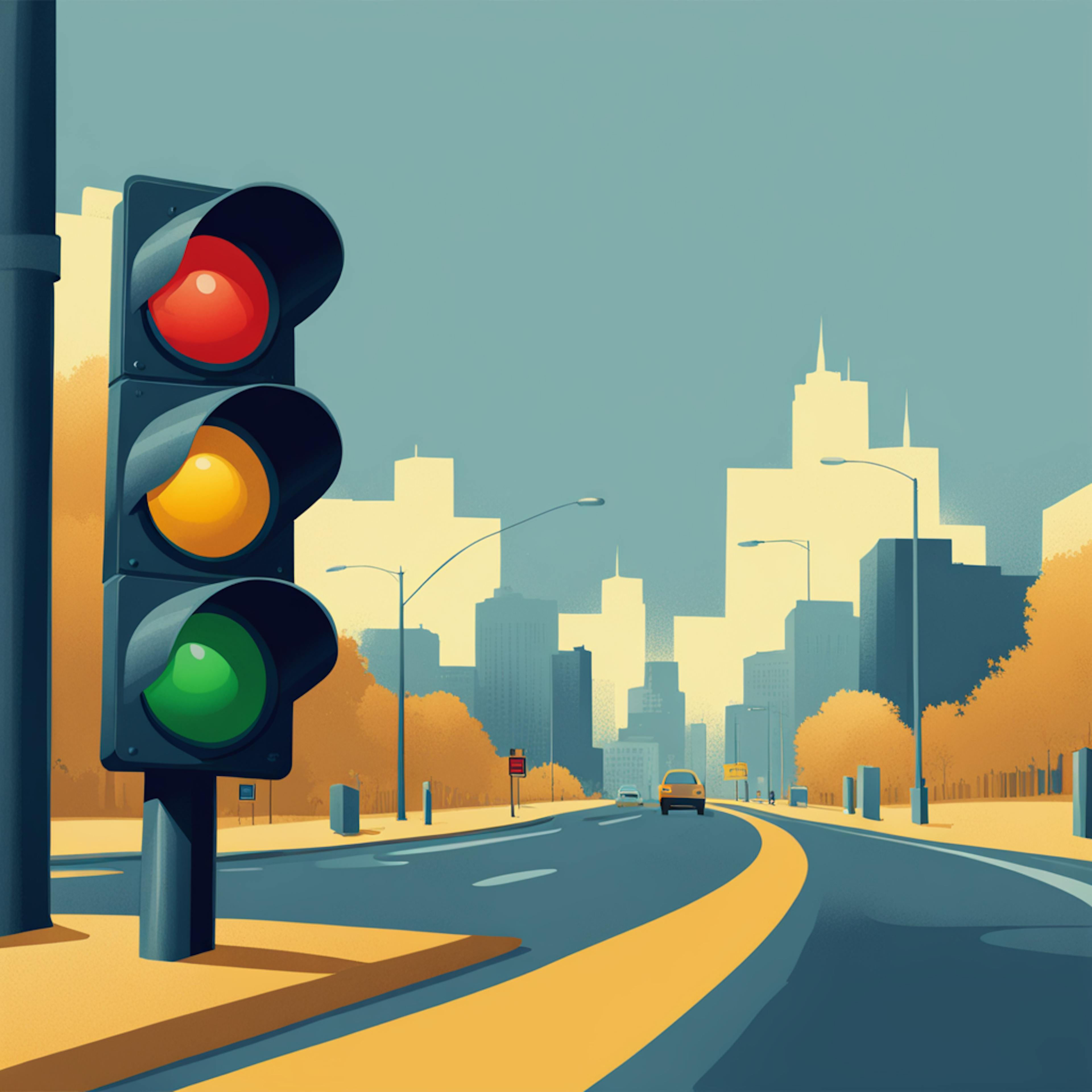 An artistic depiction of a cityscape with a traffic light in the foreground, symbolizing decision-making in web navigation. Alt text: "Illustration of a cityscape with a traffic light, representing decision points in website traffic analysis tools."