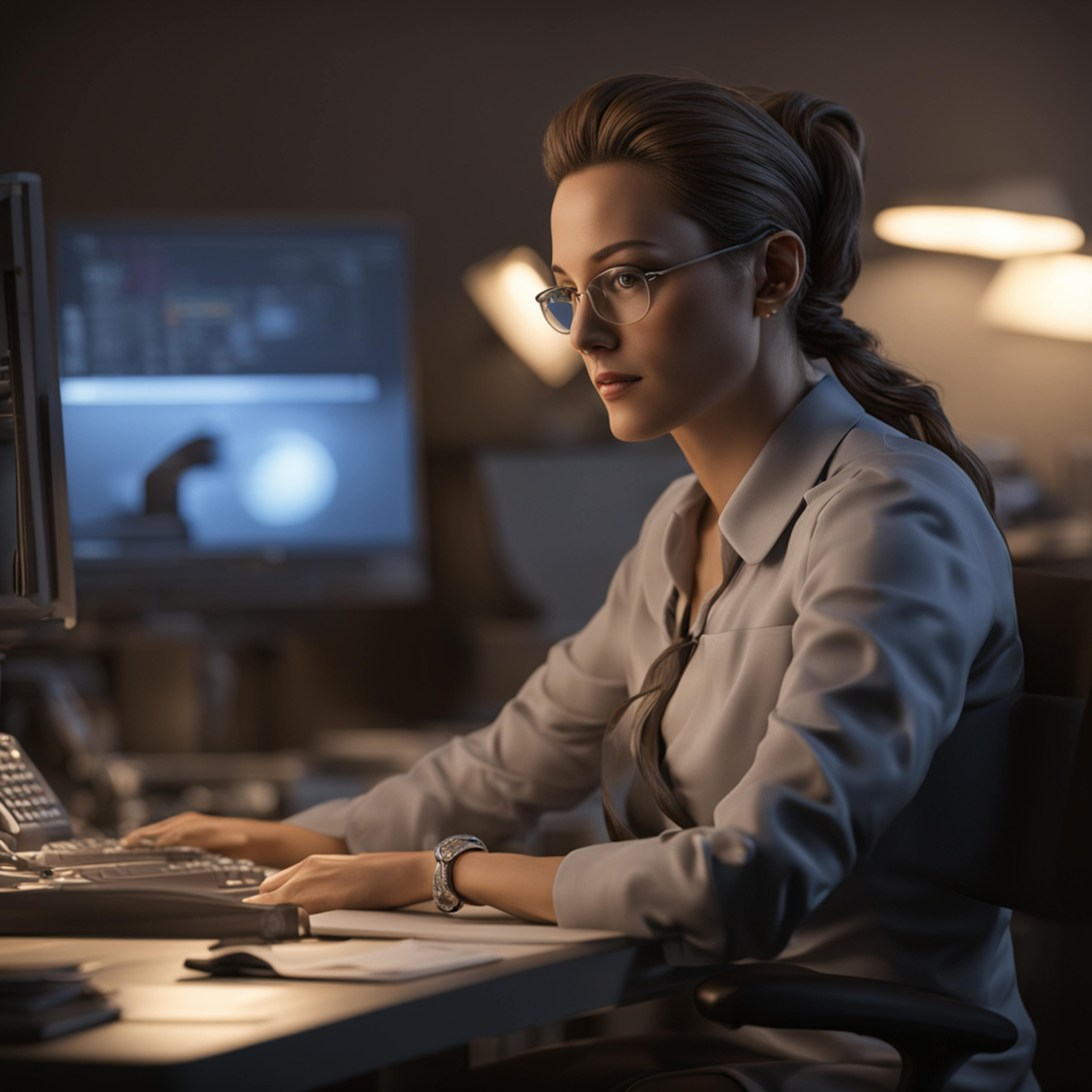 A focused professional woman working at her desk, surrounded by dim lighting and computer monitors displaying data, showcasing precision and expertise. Keywords: professional AI writer, creative content generation, advanced writing technology.