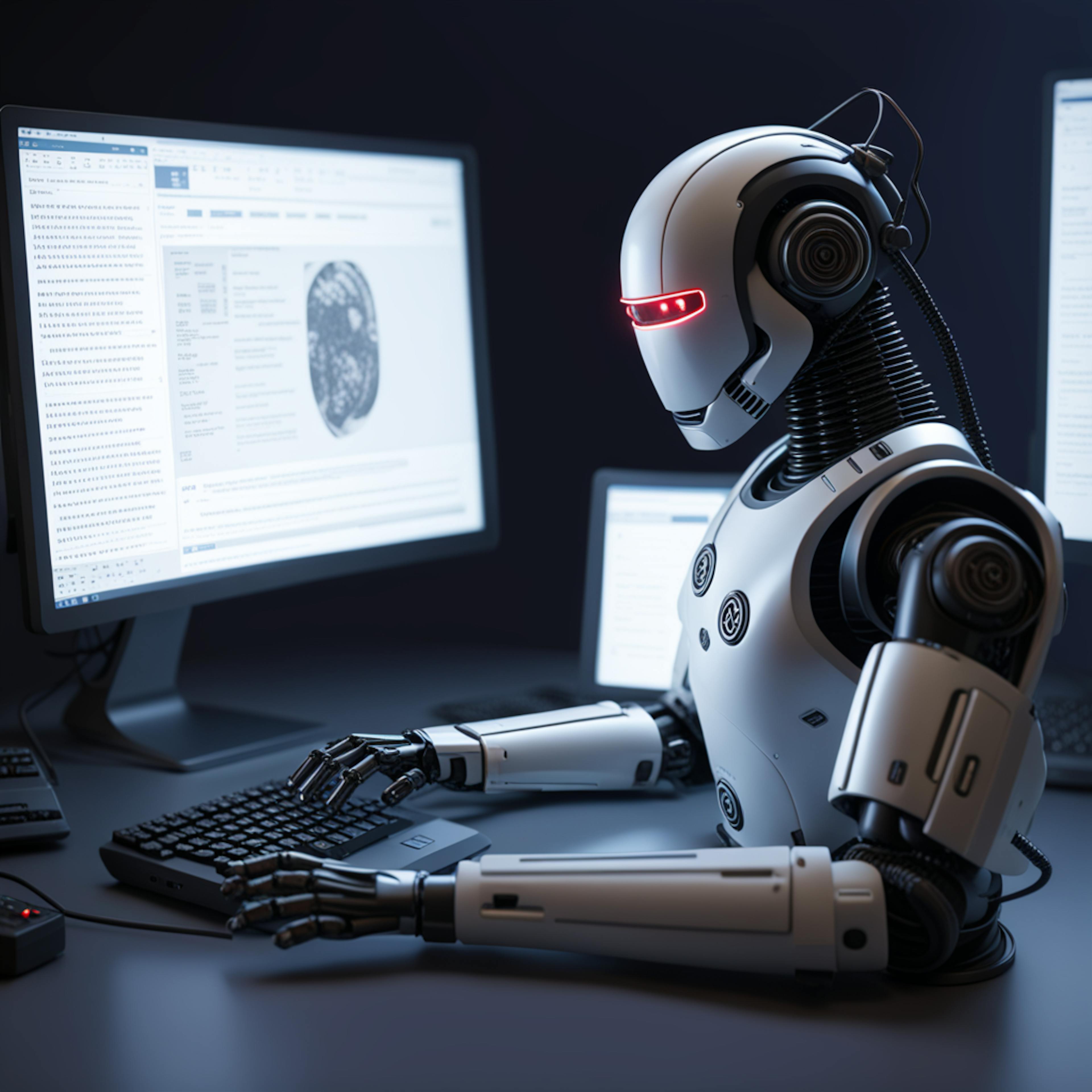 A futuristic robot equipped with advanced technology sitting at a desk, actively typing on a keyboard with multiple computer screens in the background. Keywords: professional AI writer, artificial intelligence, advanced writing tools.