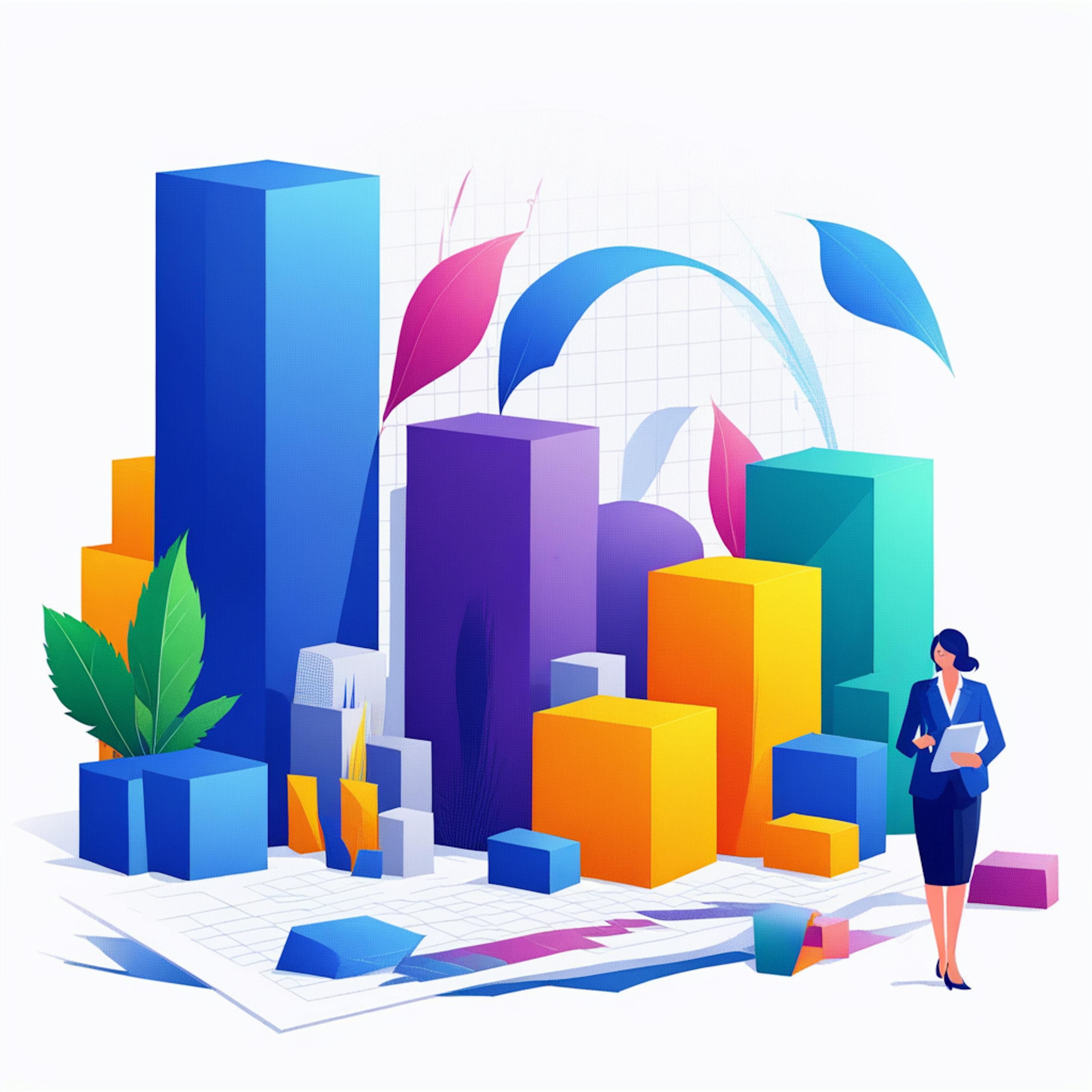 A professional marketing scenario featuring tall, vibrant 3D bar graphs, leaves symbolizing growth, and a businesswoman reviewing marketing strategy tactics for sustainable development.