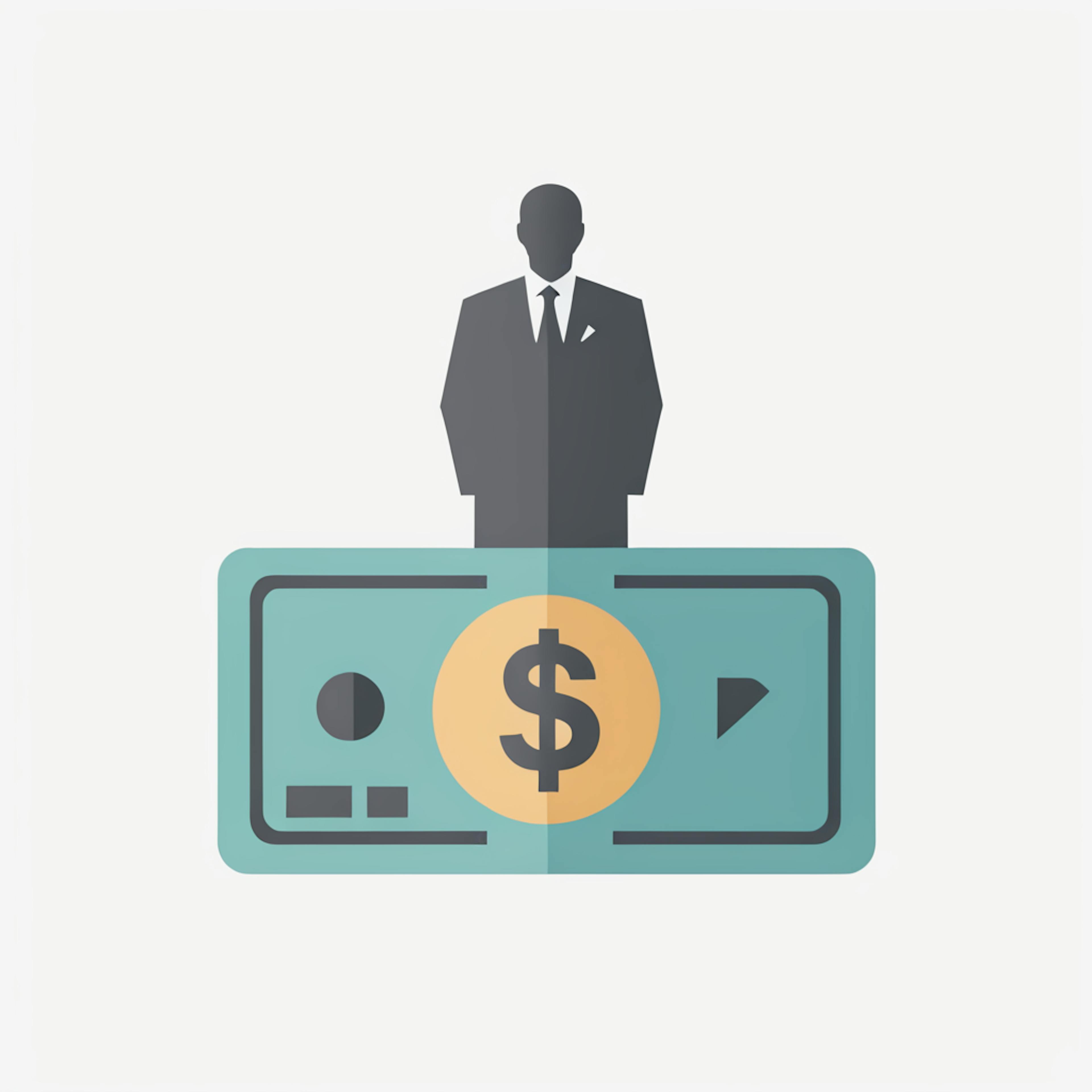 A minimalist depiction of a business executive standing behind a large dollar bill icon, symbolizing the financial and targeted focus of account-based marketing.