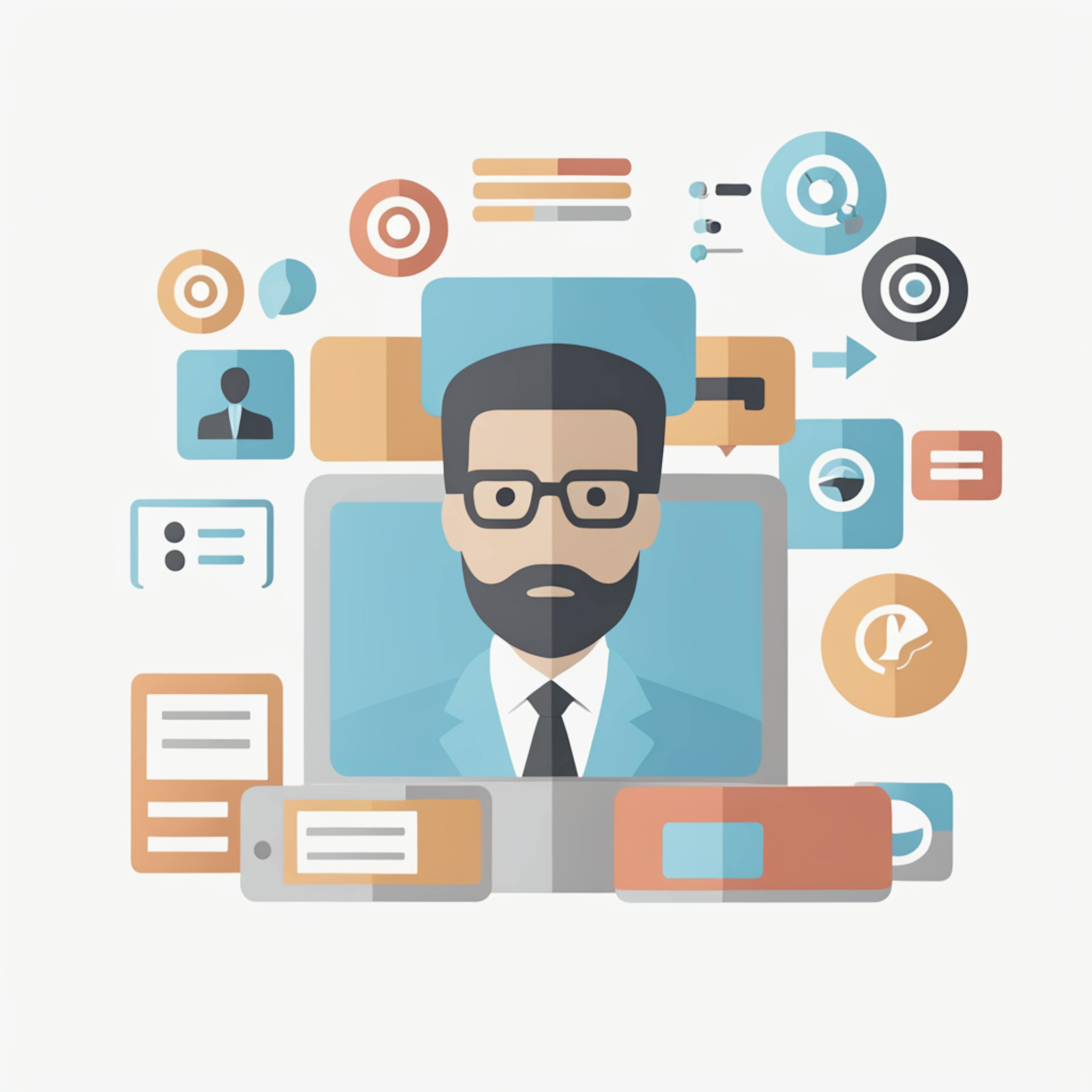 A stylized graphic of a business professional surrounded by icons symbolizing data, user engagement, and strategic communication—key elements of account-based marketing.