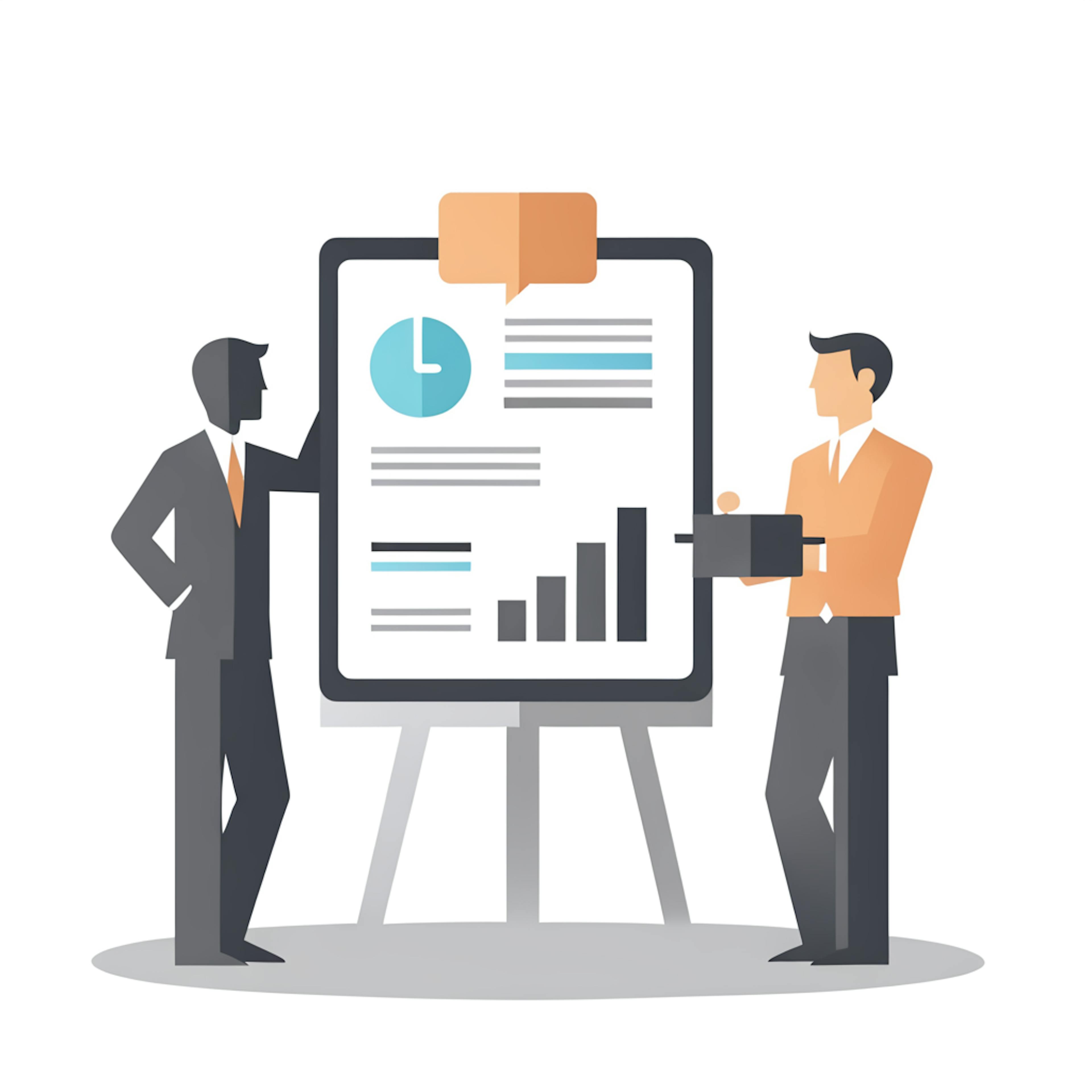 Two professionals discussing a presentation with graphs and analytics, representing the importance of "account based marketing reporting" in strategy evaluation.