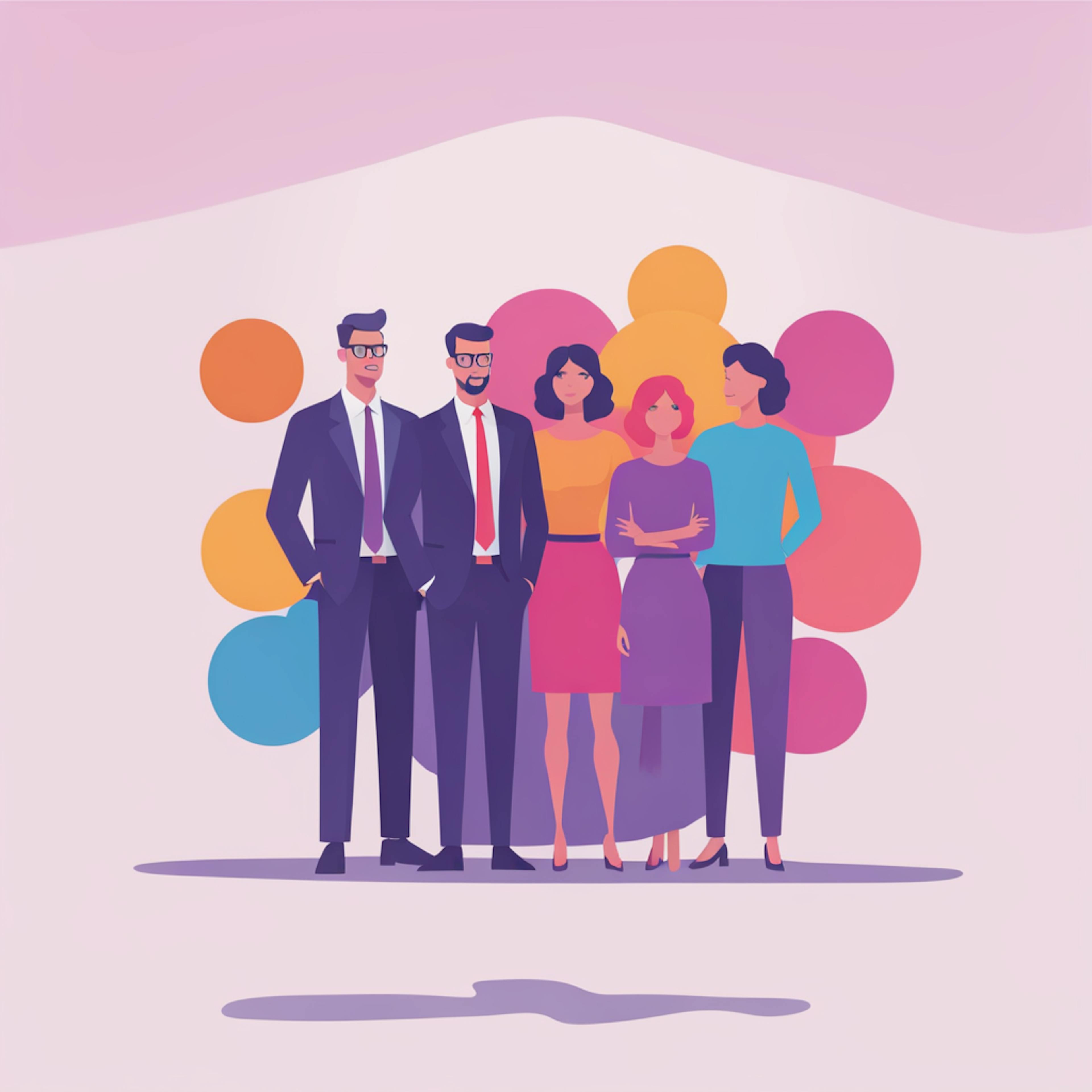 A colorful depiction of a group of professionals standing together, representing collaboration in "A/B testing campaigns" to optimize marketing strategies.