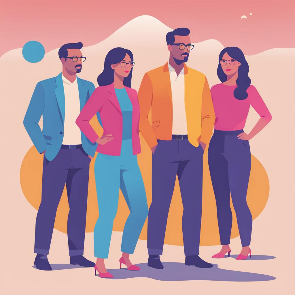 A dynamic illustration of a diverse team in bright attire, embodying the teamwork behind successful "A/B testing campaigns" for targeted marketing.
