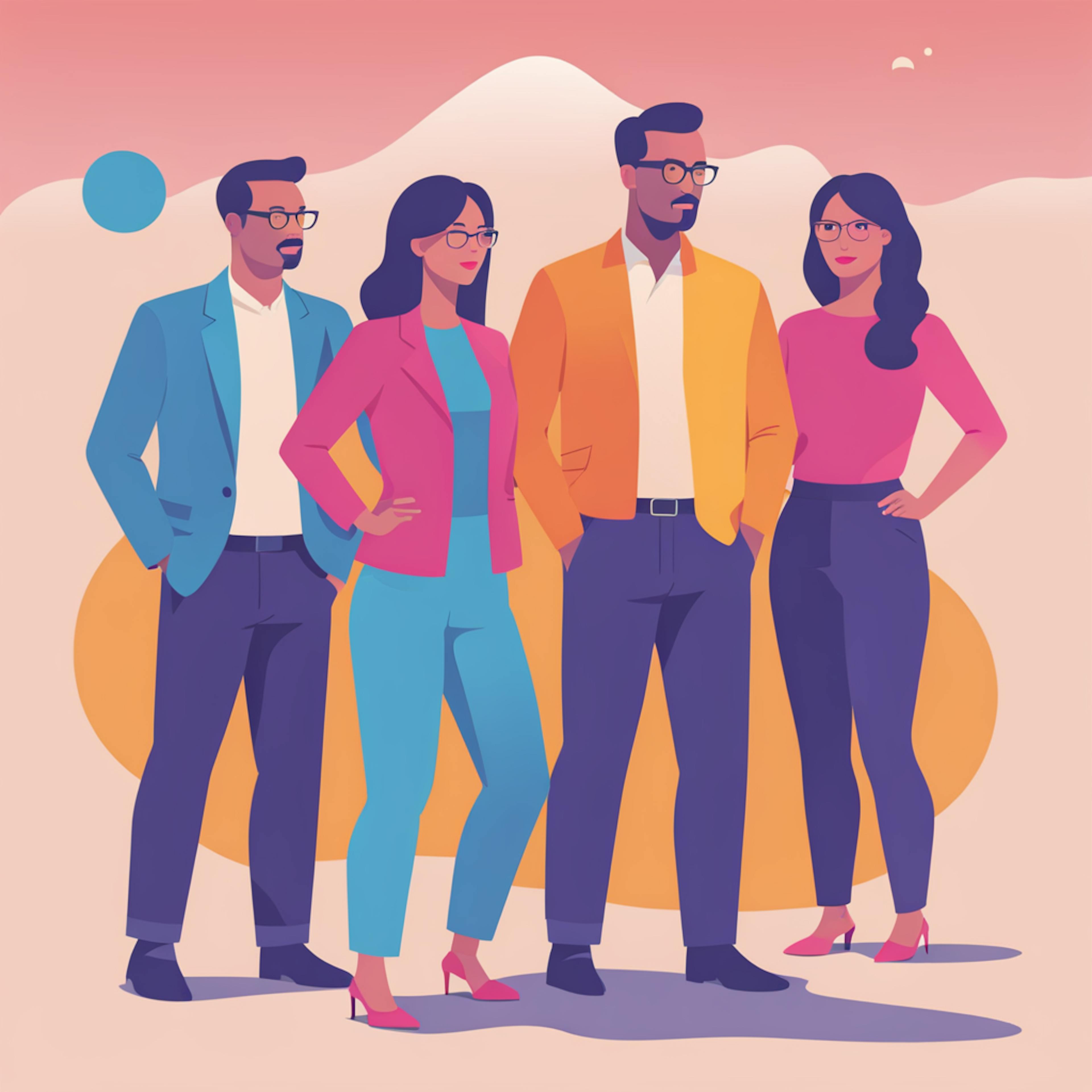 A dynamic illustration of a diverse team in bright attire, embodying the teamwork behind successful "A/B testing campaigns" for targeted marketing.