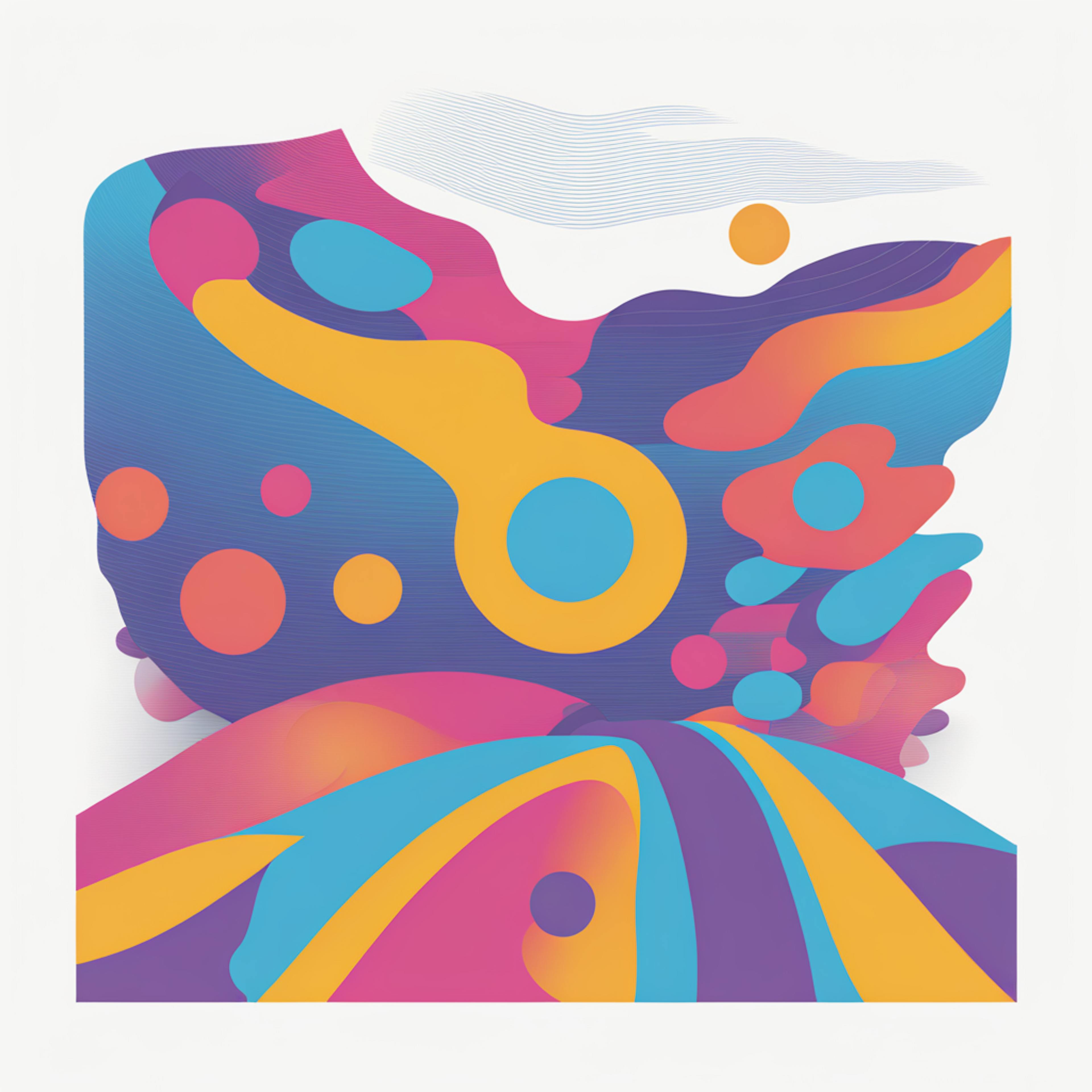 A dynamic composition of colorful geometric and abstract shapes over a white background. The flowing lines and dots suggest innovation and creativity in the field of design. Keywords: "AI and graphic design, abstract creativity, geometric flow."