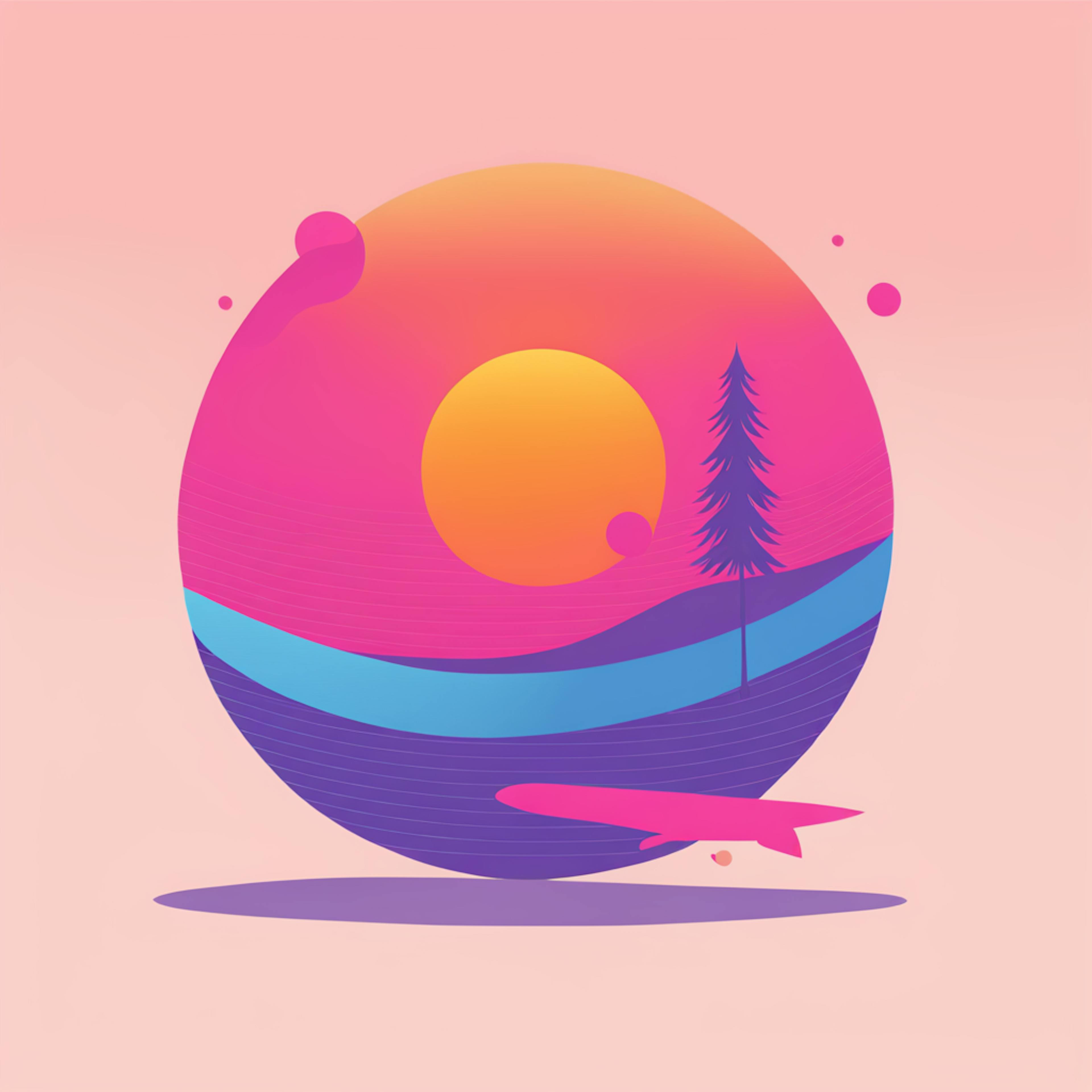 : A vibrant sunset scene encased within a circular design, with soft pink, orange, and purple gradients flowing seamlessly. A silhouette of a tree and a subtle landscape hint at serene creativity. Keywords: "AI and graphic design, circular sunset, creative gradient art."