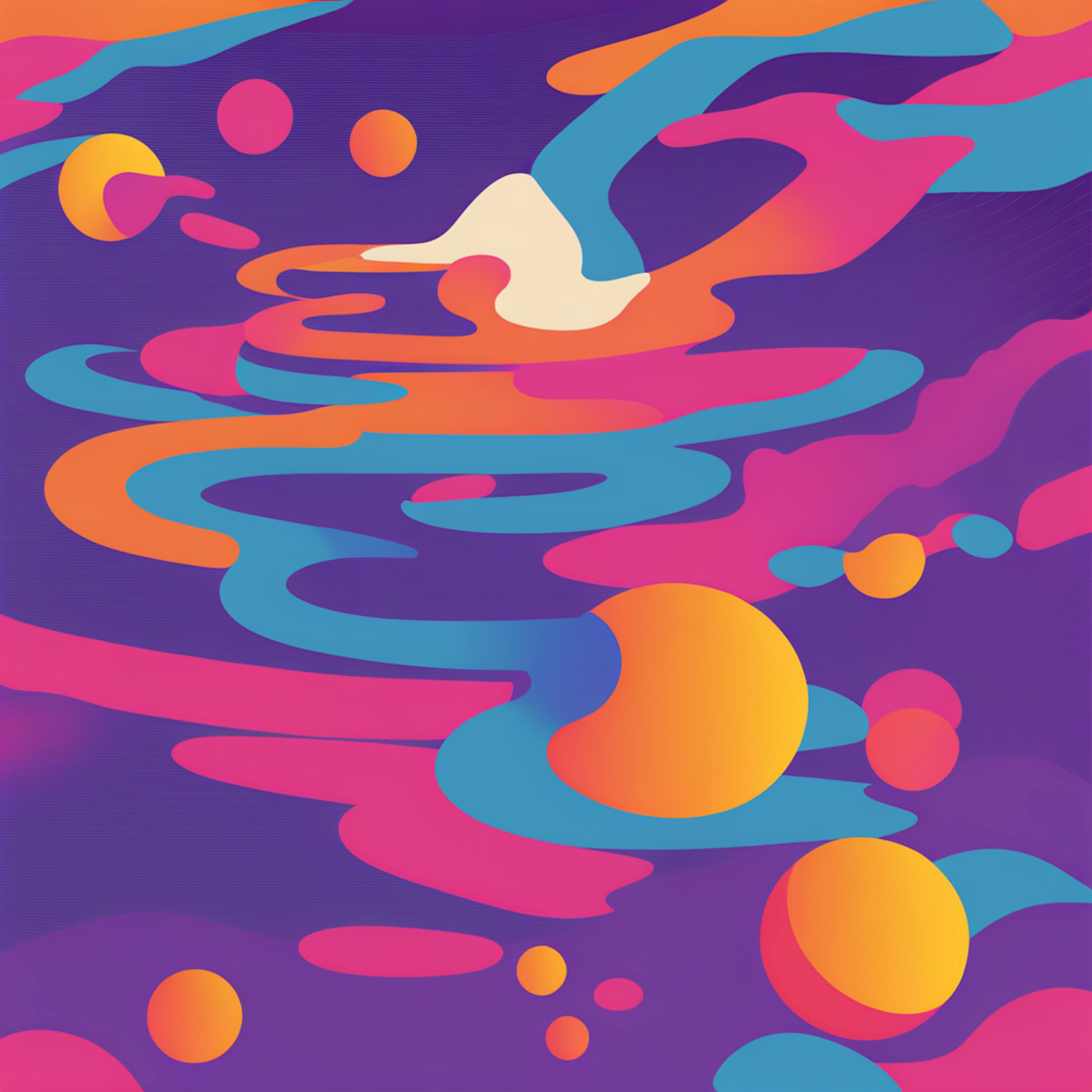 A vivid, fluid illustration with bold orange, pink, and blue gradients, depicting interconnected shapes and rippling patterns. The image exudes a futuristic and artistic feel. Keywords: "AI and graphic design, futuristic abstract, ripple effect art."