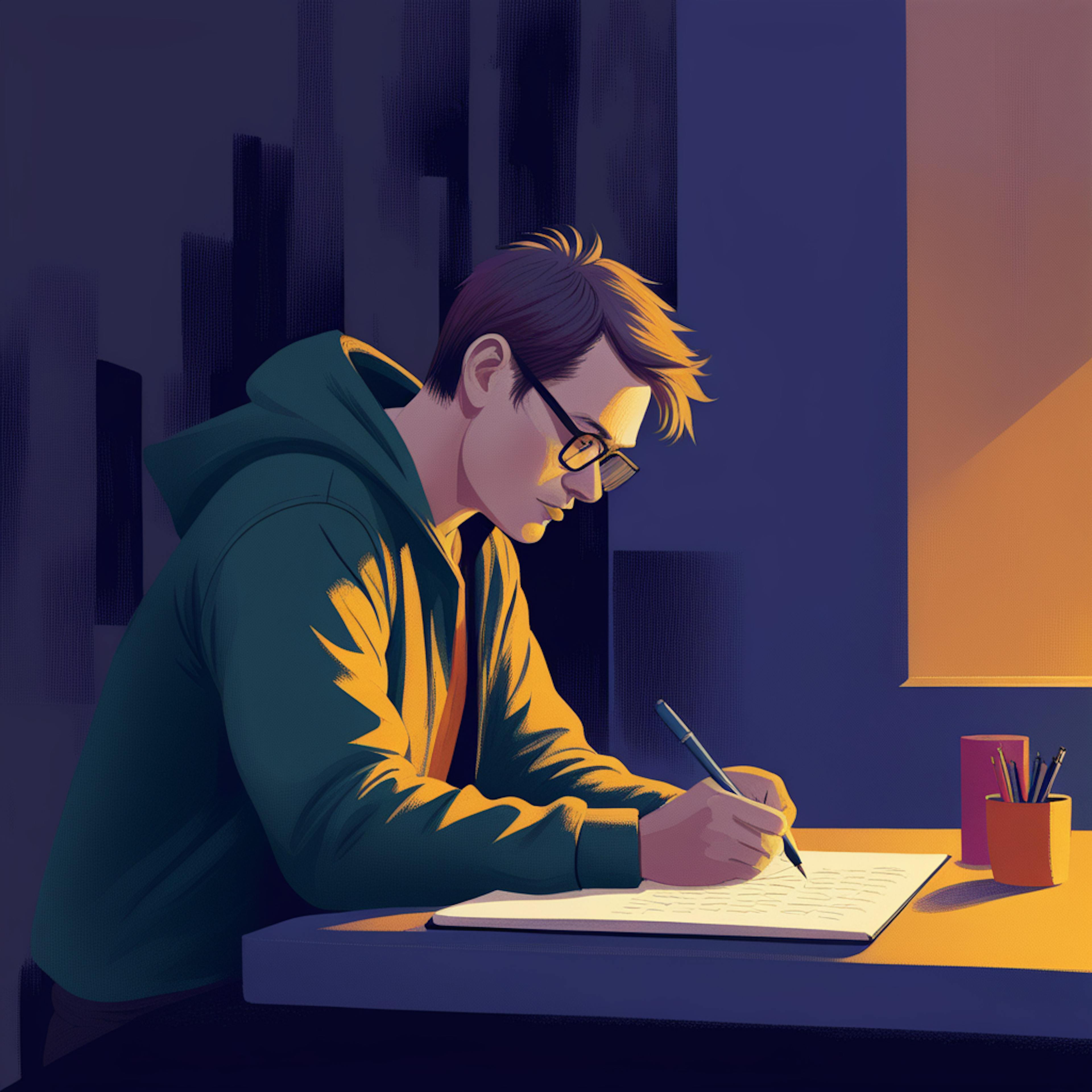 An individual immersed in creative work, writing on a notepad under warm ambient lighting, representing the art of typography and exploring the '3 types of fonts.