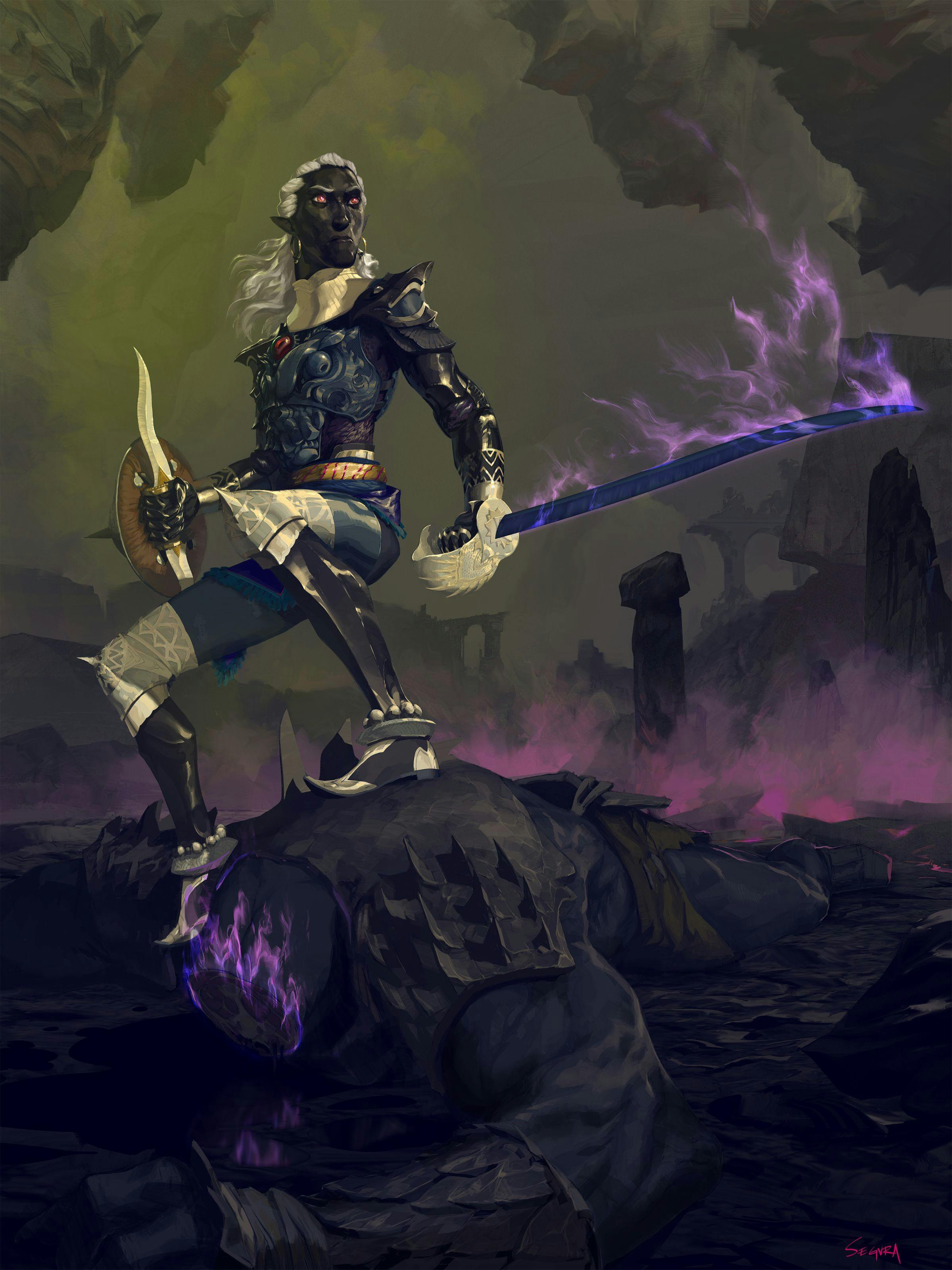 A dark elf wielding a sword