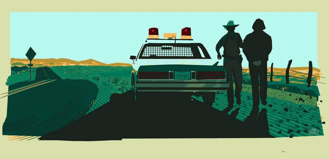 An illustration of a police officer walking a man toward a squad car