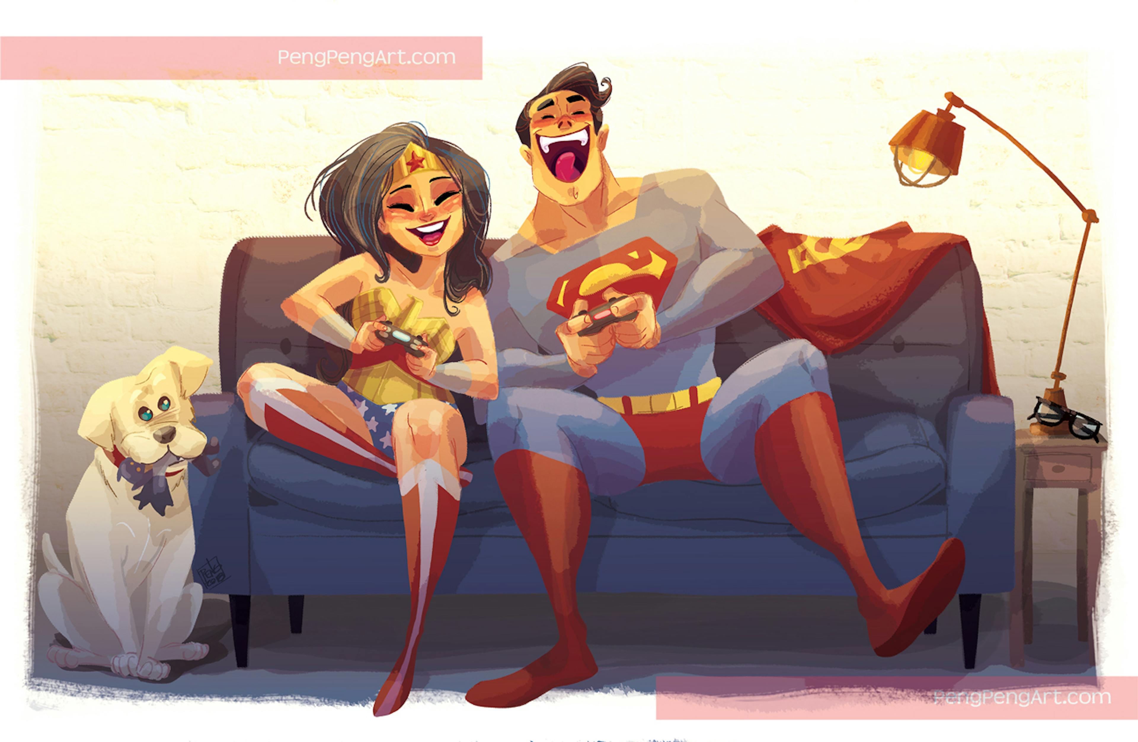 Wonder Woman and Superman playing video games on the couch