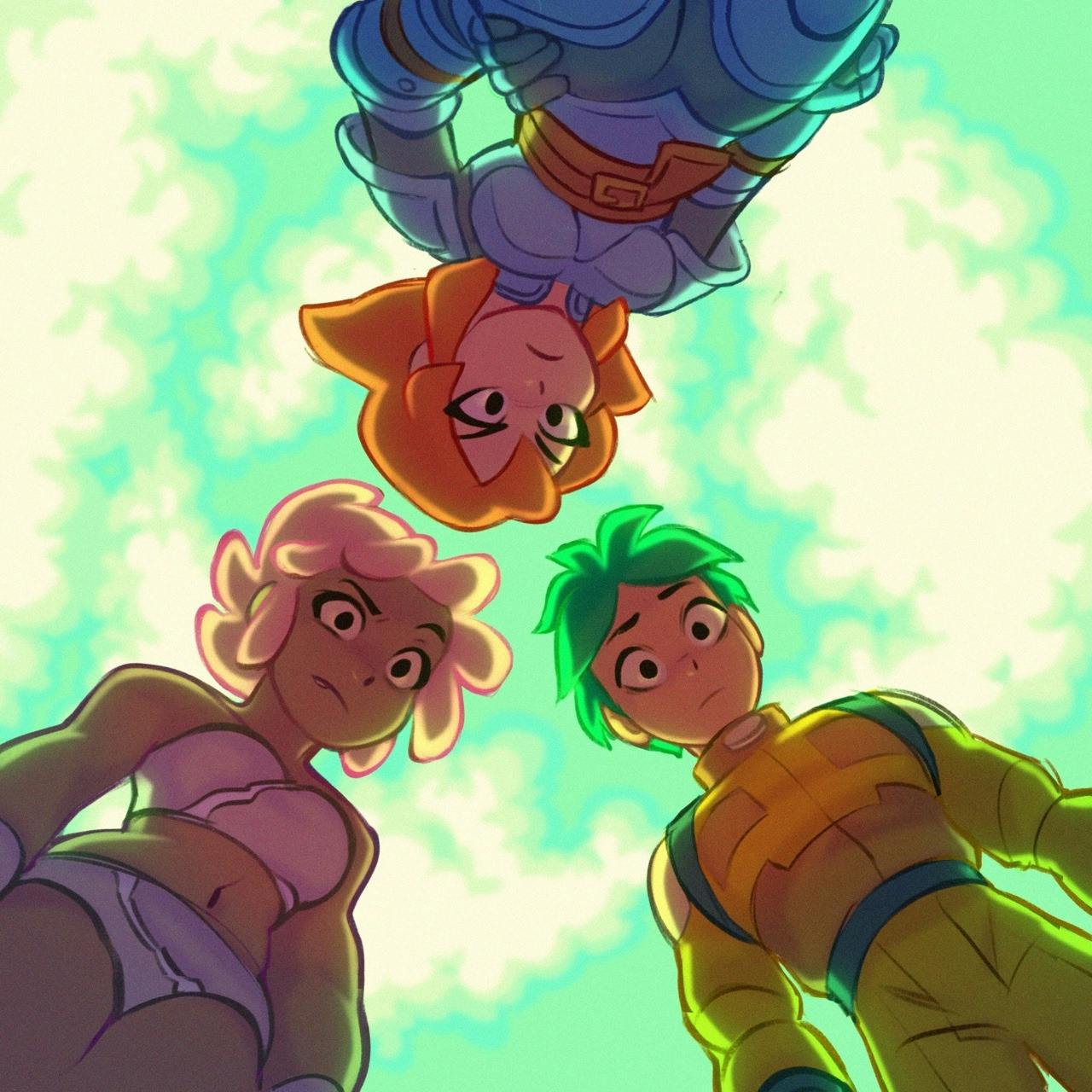 An illustration of three characters looking down at the picture plane.