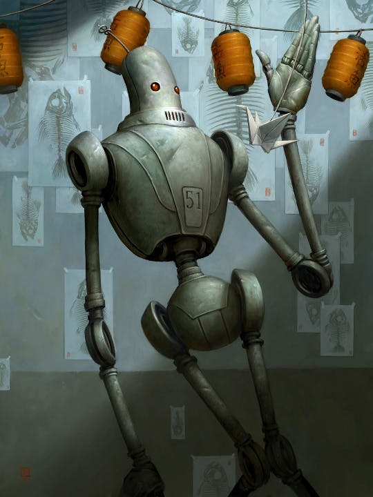 An illustration of a robot holding an origami crane