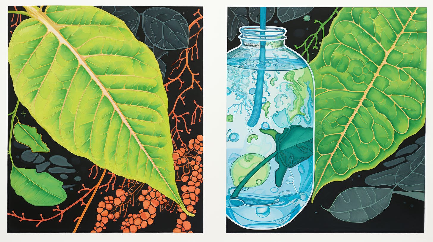 image of a side by side of a large green leaf, and the a water bottle with the leaf in it