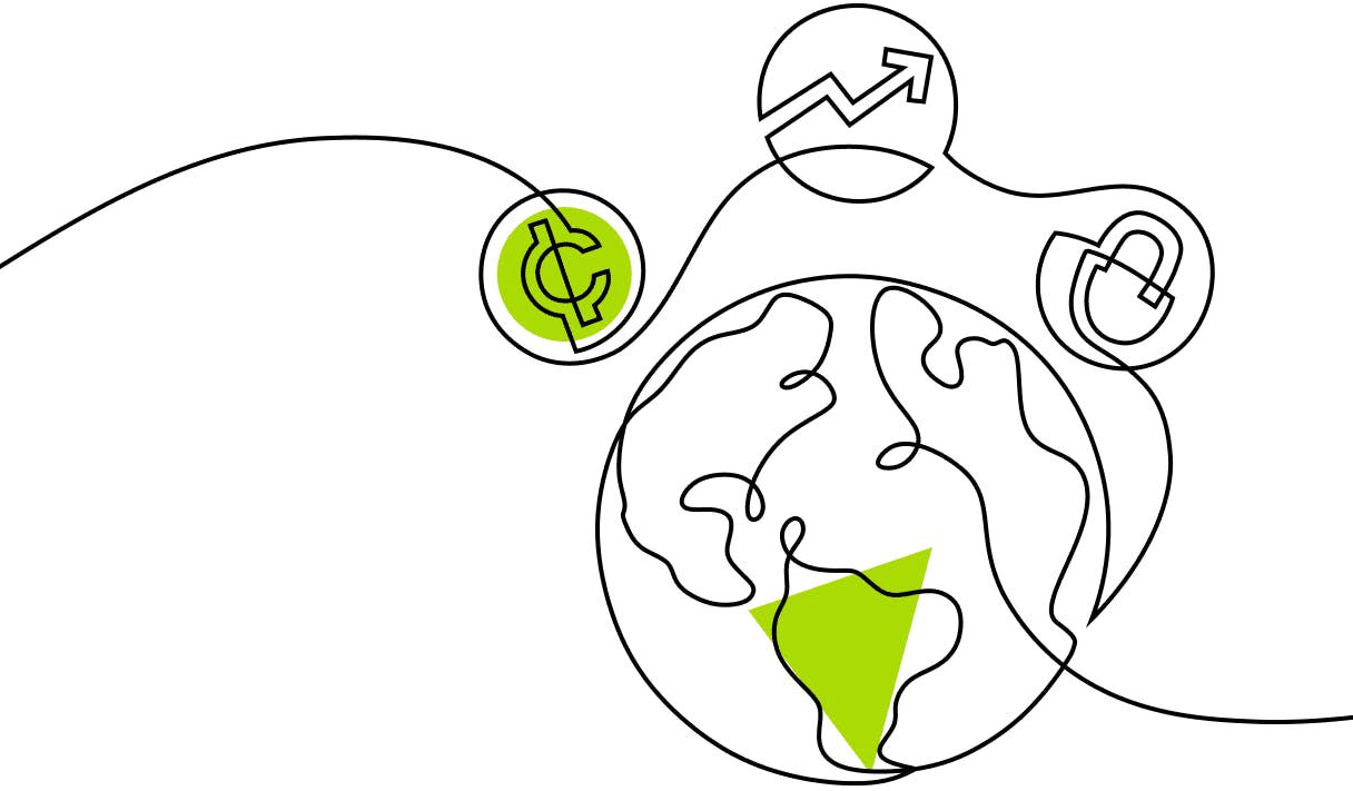 A single line illustration showing crypto icons around the globe
