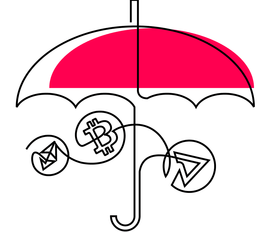An illustration of an open umbrella with bitcoin, ether, and avalanche logos using a single contiguous line