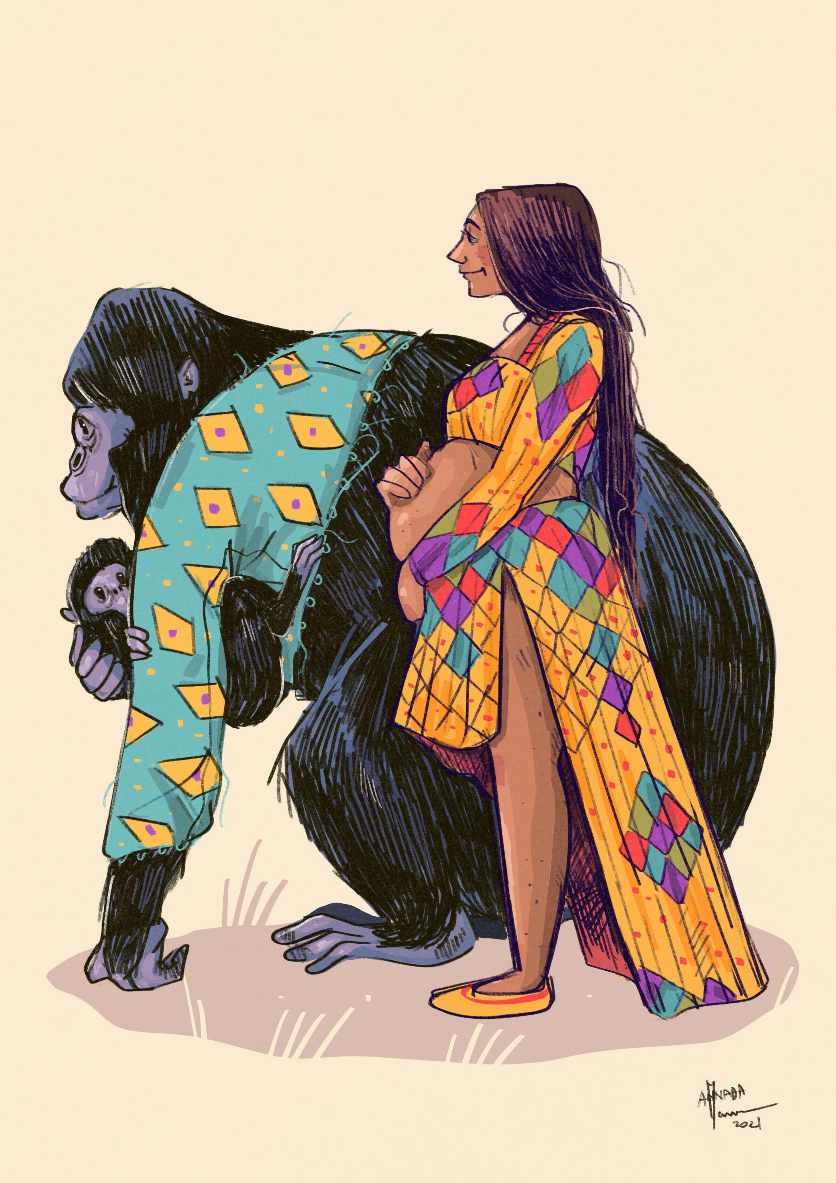 A pregnant woman and a gorilla holding its baby