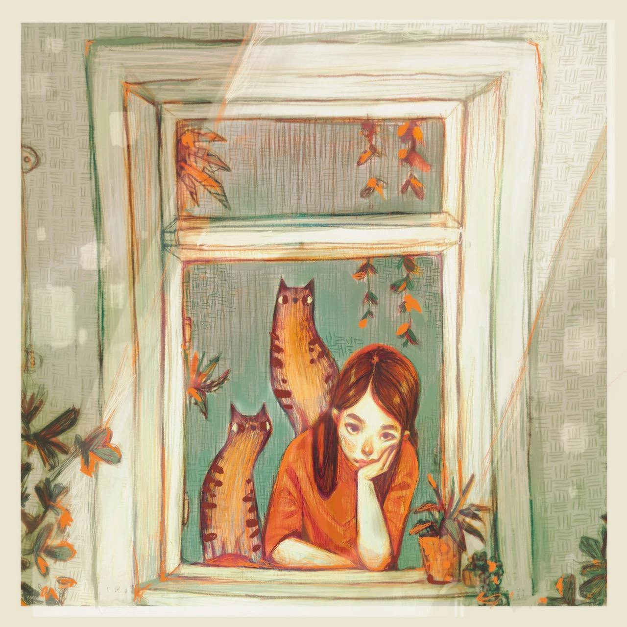 A woman looking out an open window