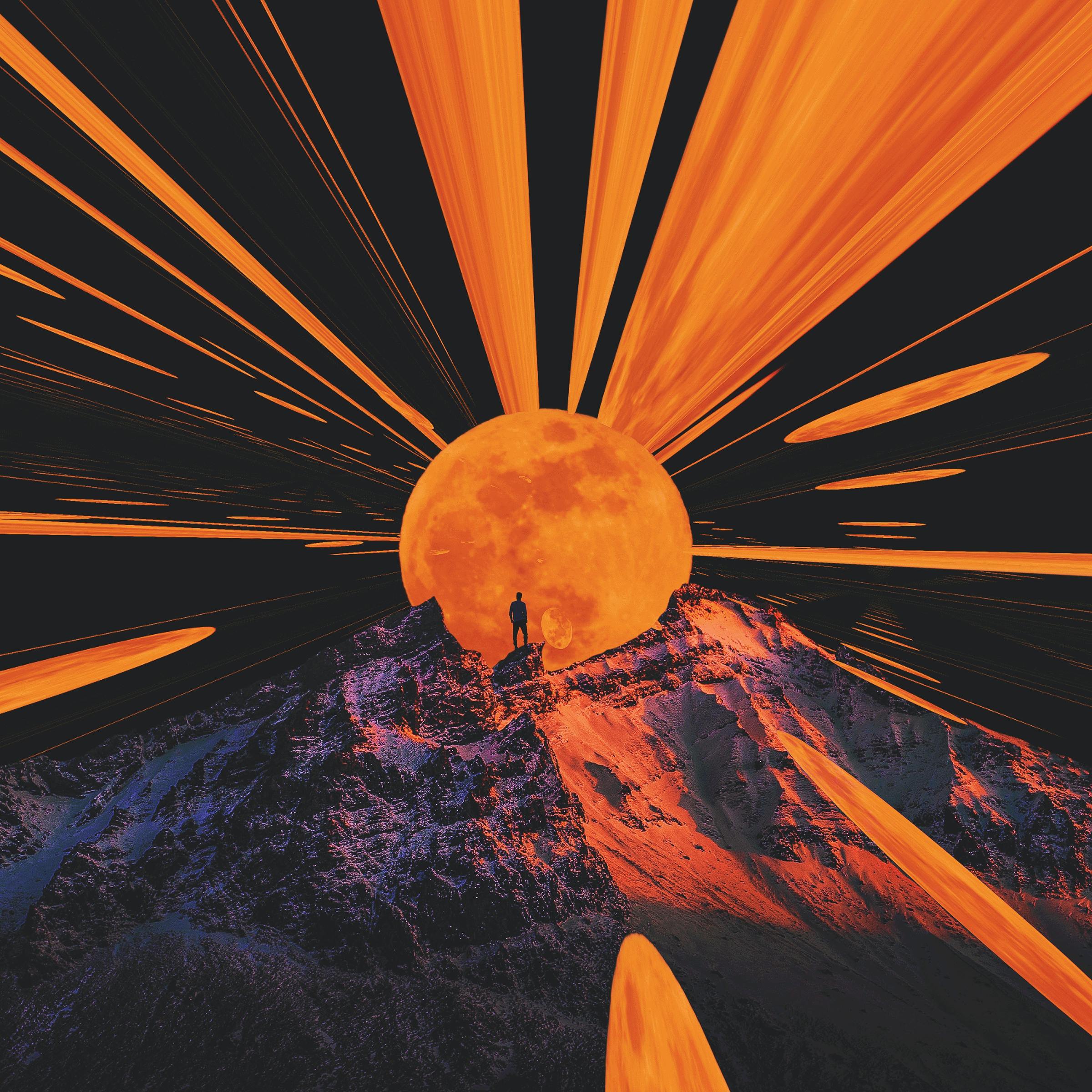 A collage of a man on a mountain near the moon