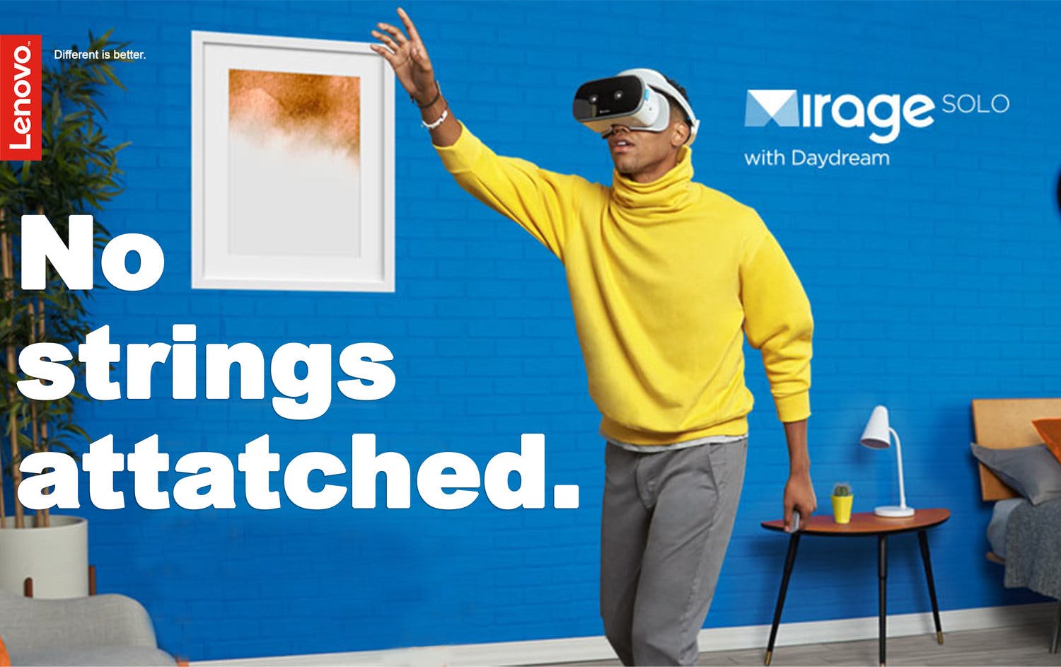 A Lenovo ad for VR with a yellow shirted man
